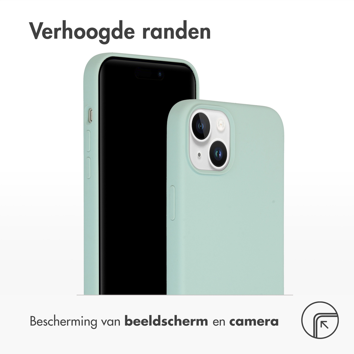 Een telefoon in een lichtgroene hoes. Het scherm is zwart. De hoes heeft verhoogde randen.