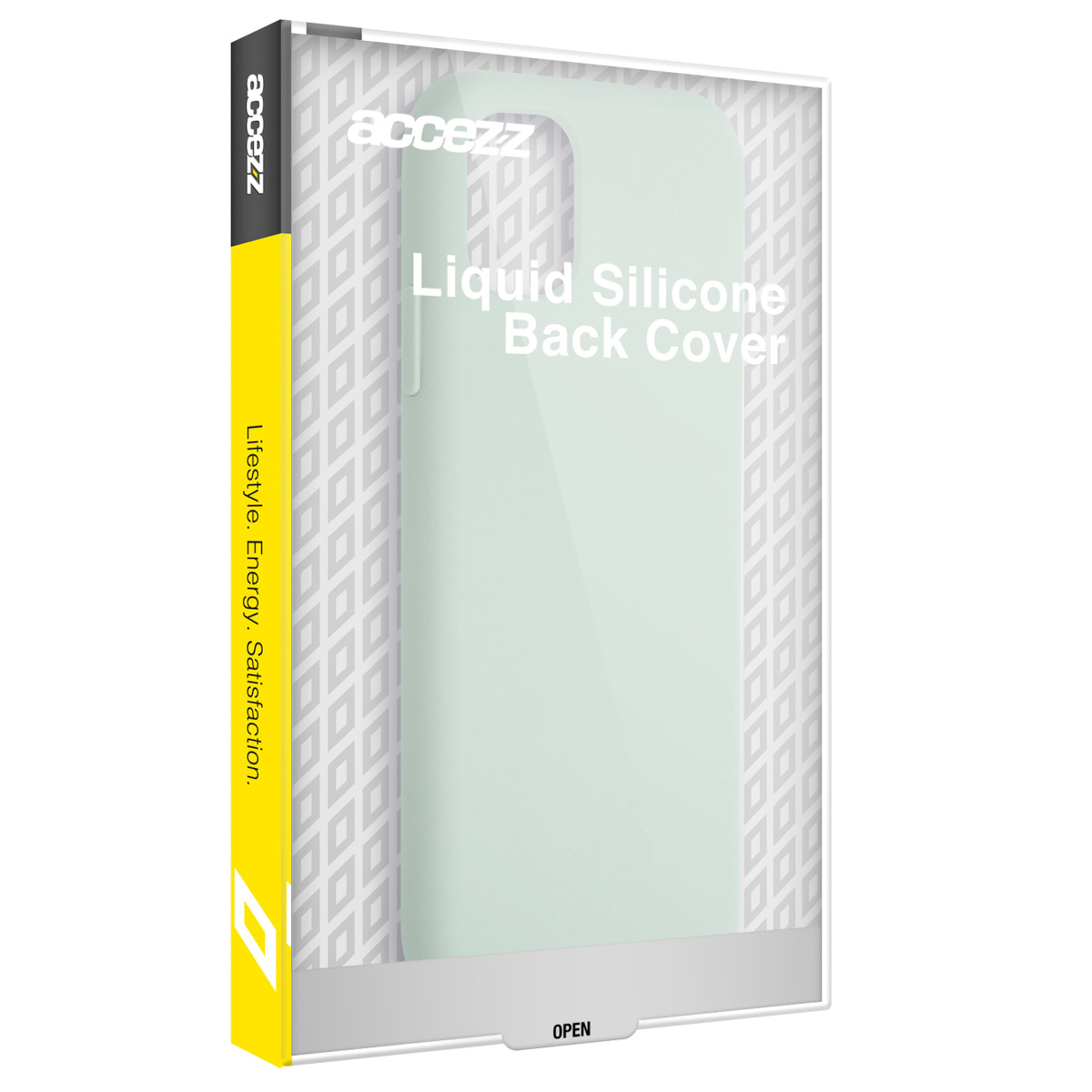 Transparente Kunststoff-Handyhülle in einer Box. Text: 'Liquid Silicone Back Cover'. Die Verpackung ist weiß und die Hülle hellgrün.
