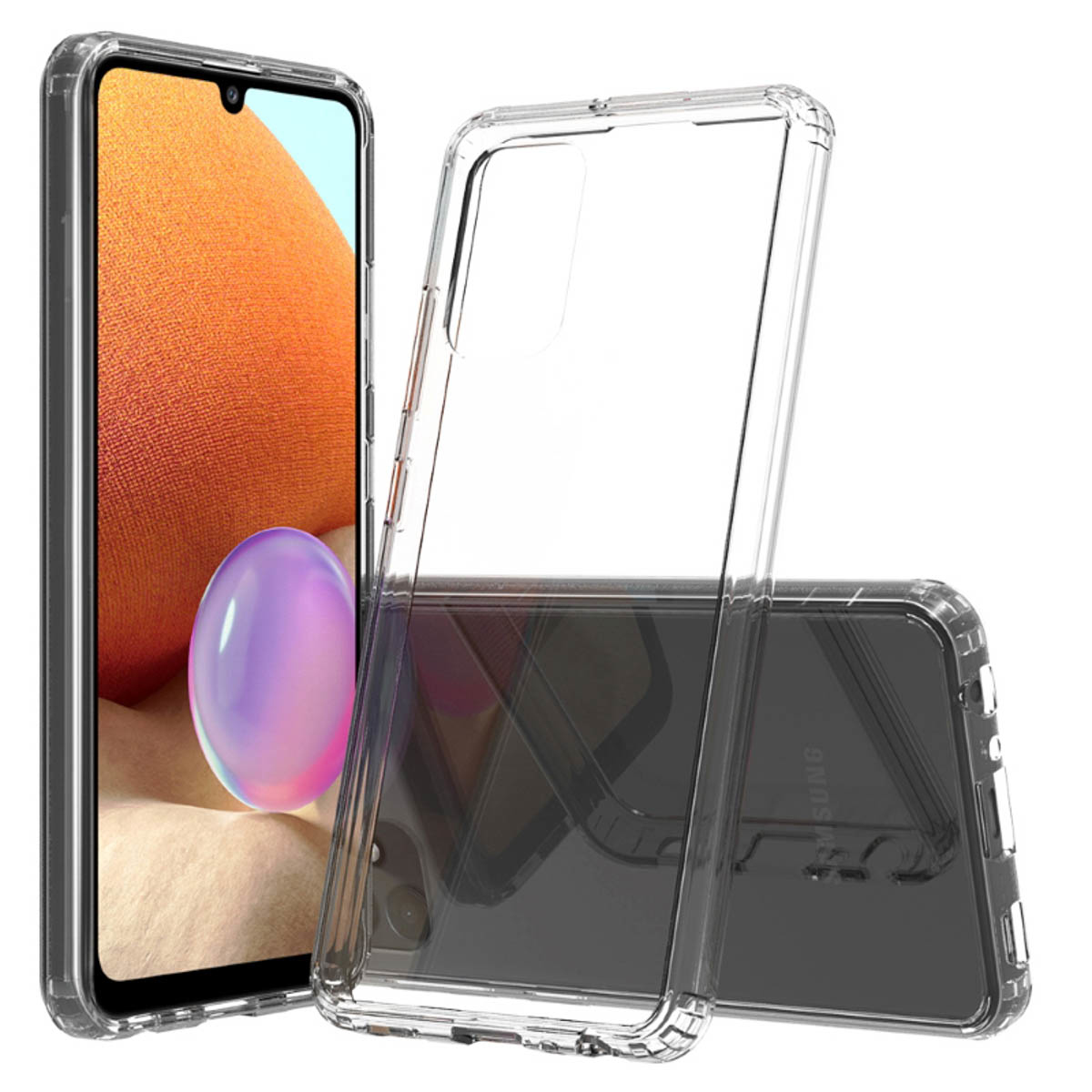 Coque transparente sur un téléphone. Le téléphone a un fond rose et violet. La coque est transparente.