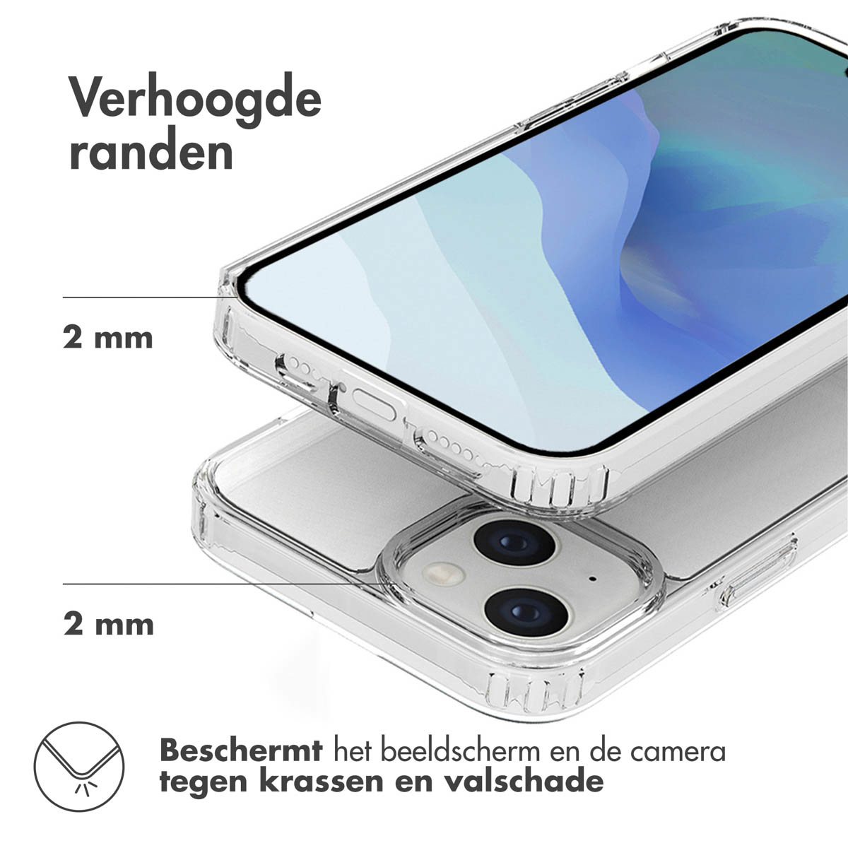 Un téléphone dans une coque transparente. La coque a des bords surélevés de 2 mm.