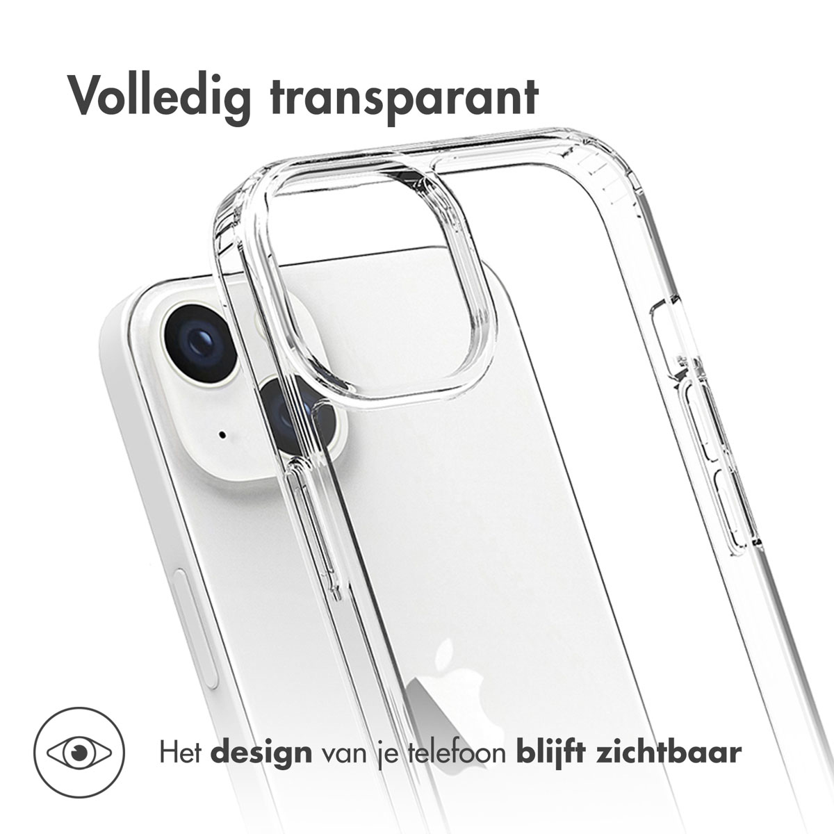 Coque de téléphone transparente sur fond blanc. La coque est transparente. Un téléphone est visible en arrière-plan.