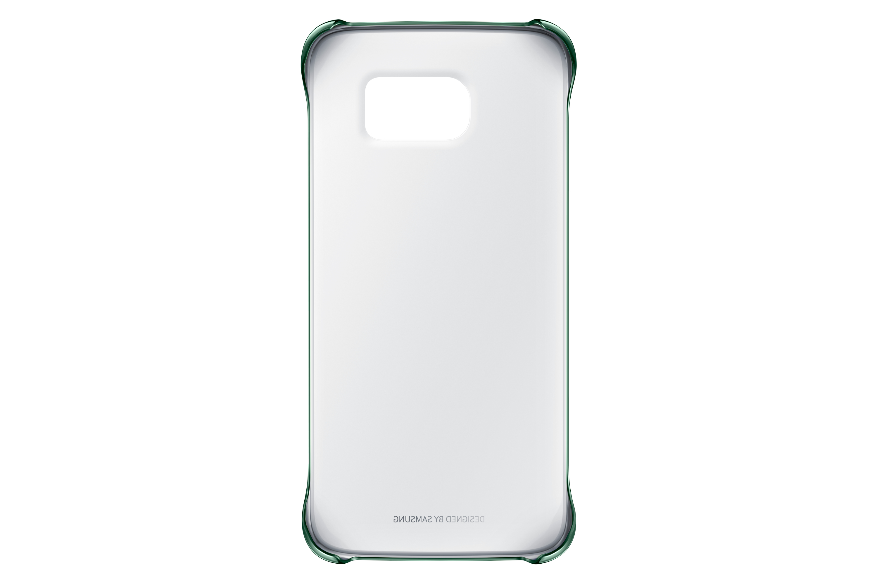 Una custodia trasparente per telefono con un telaio verde su sfondo bianco.