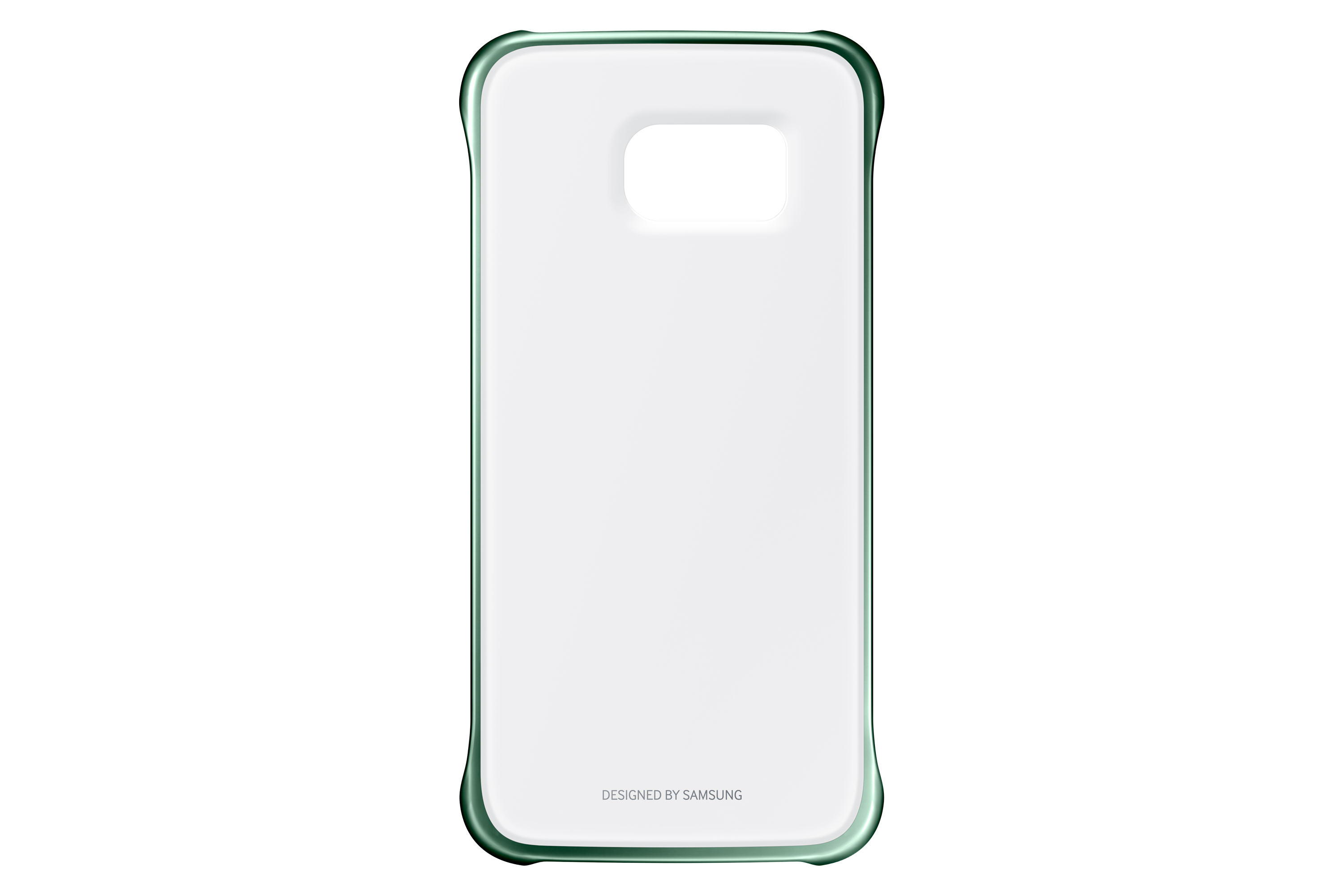 Retro telefono bianco con bordo verde. Retro, testo 'Designed by Samsung'.