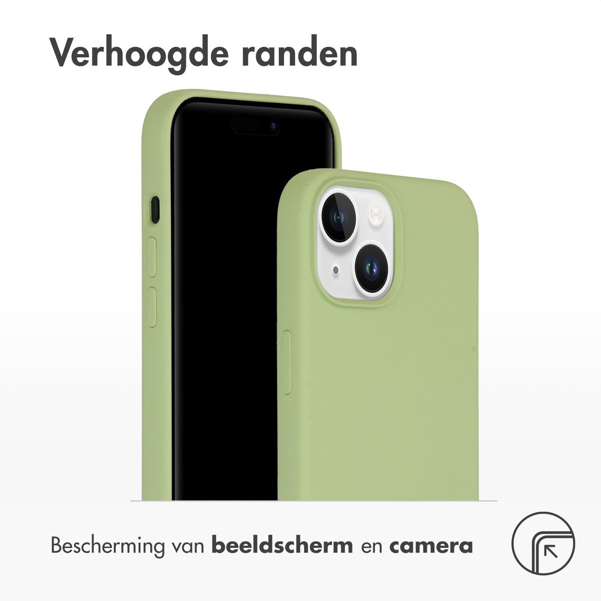 Twee telefoons, één in een groene hoes, tegen een witte achtergrond. Tekst: Verhoogde randen.