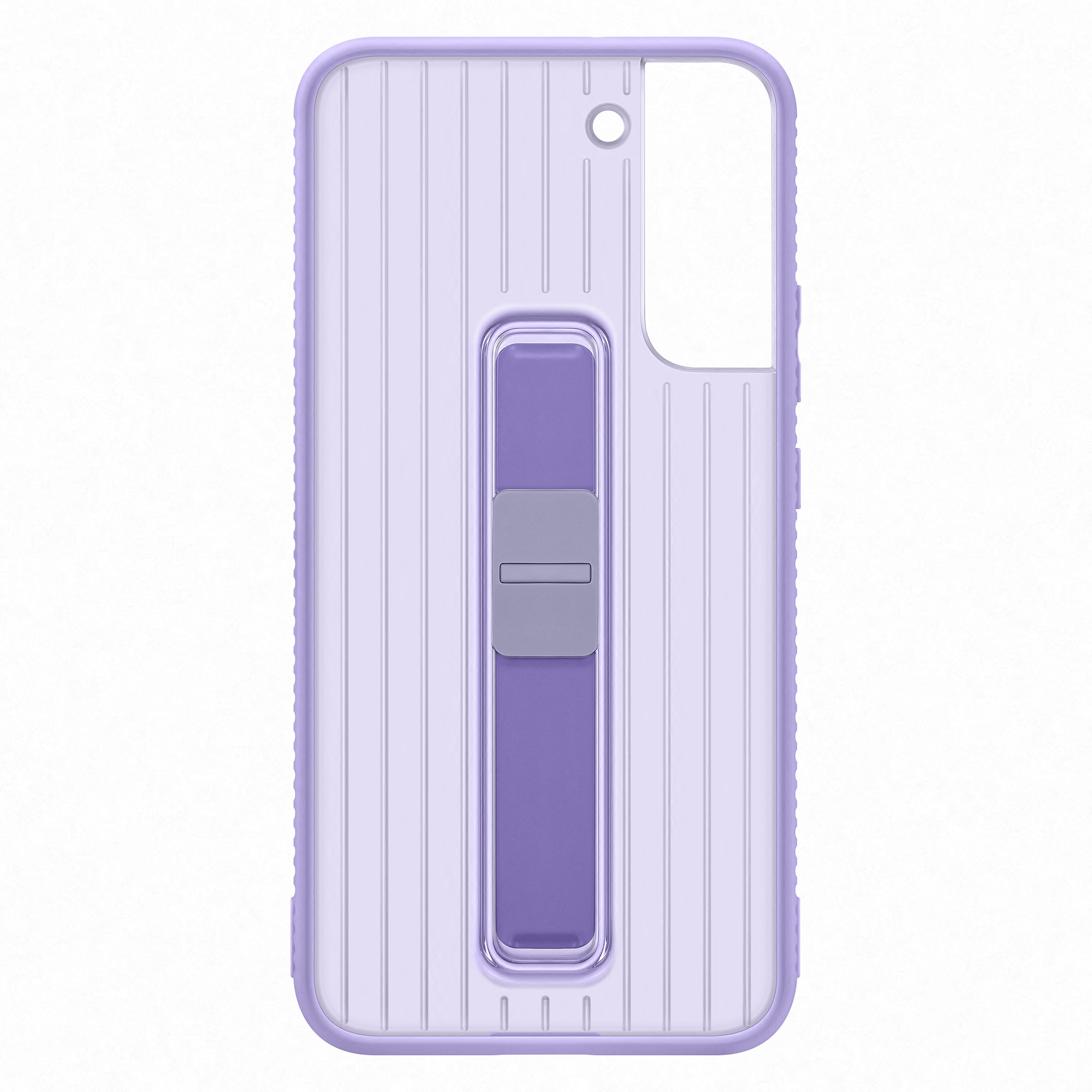 Una custodia viola con linee verticali. Un supporto sul retro. La custodia è vuota.