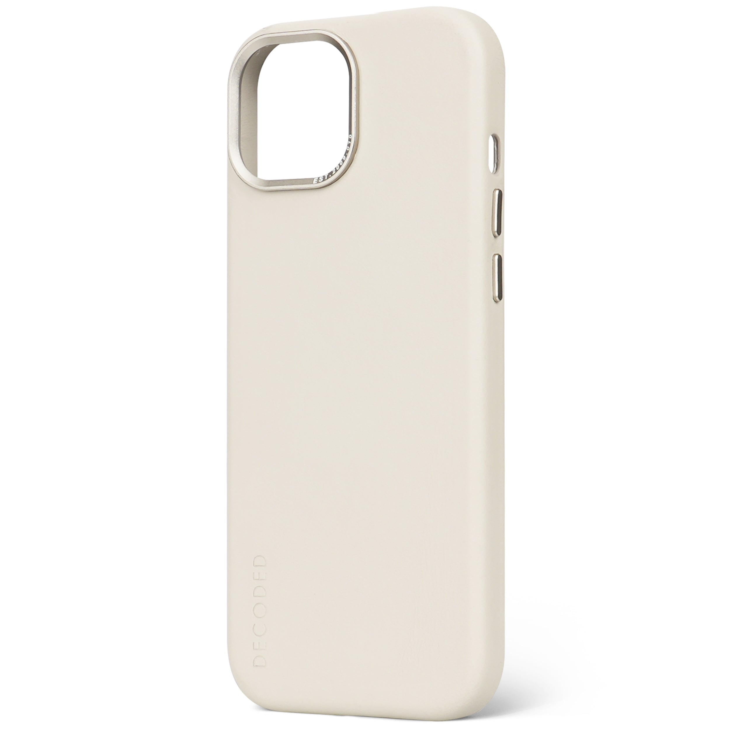Gebroken witte telefoonhoes. Uitsparing voor camera, mat. Merknaam op de hoes.