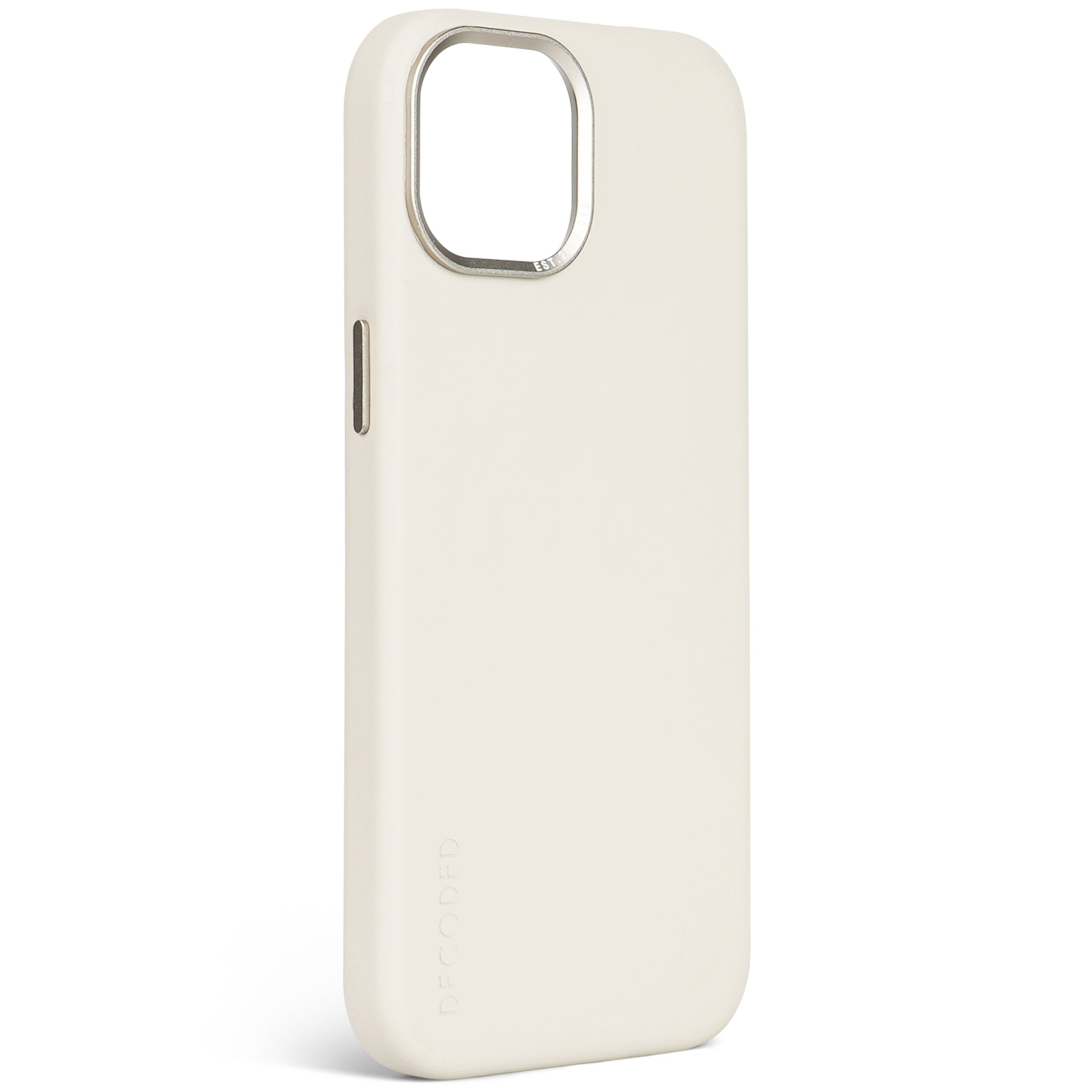 Crèmekleurige telefoonhoes met een zilveren cameraring. De hoes is glad.