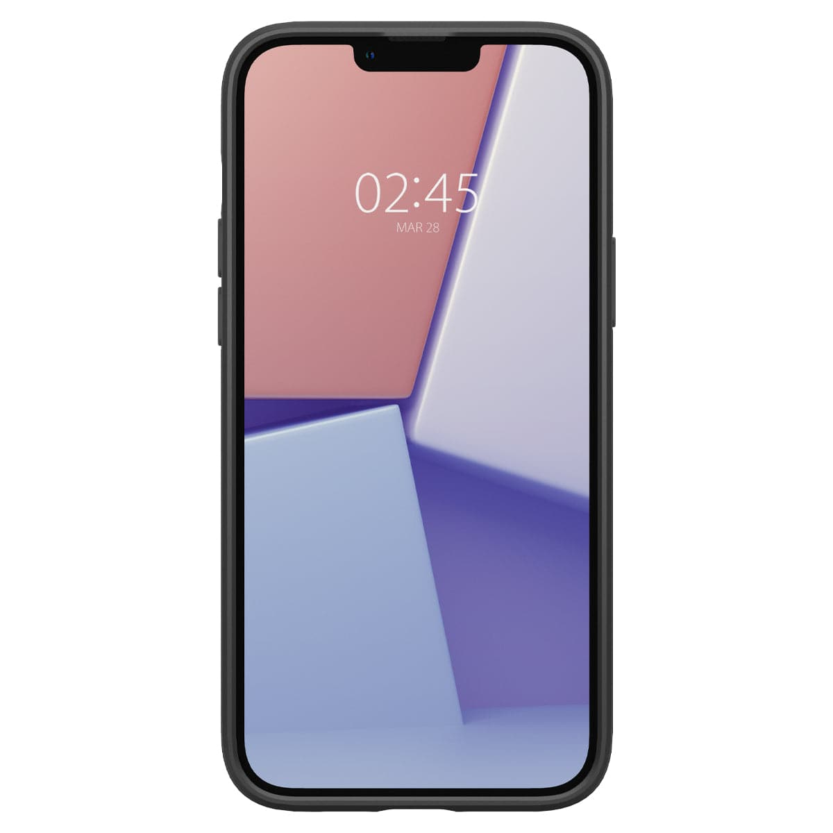 Telefono nero in una custodia, che mostra l'ora. Lo schermo ha un design geometrico.