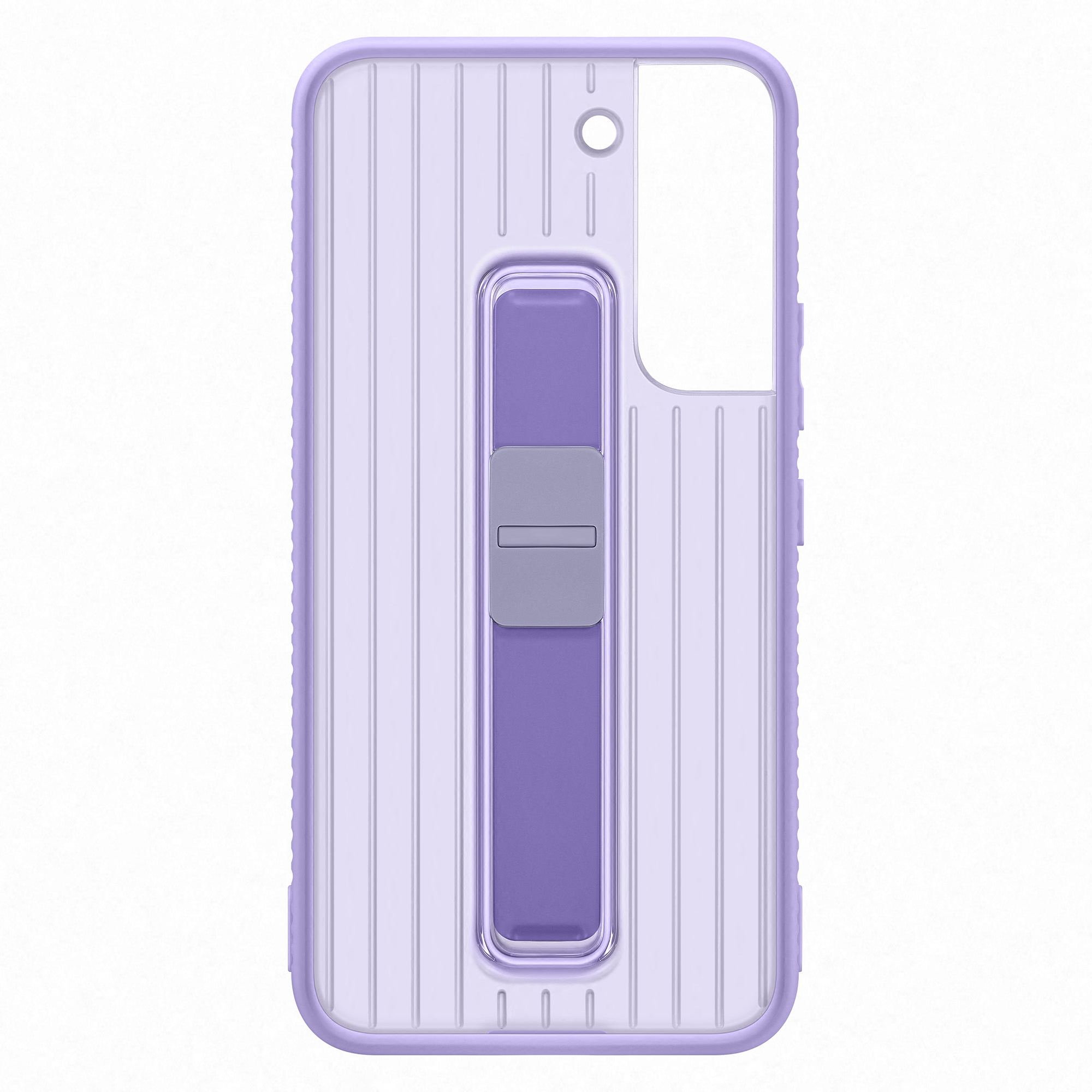Lila Handyhülle mit vertikalem Ständer und gerilltem Design.