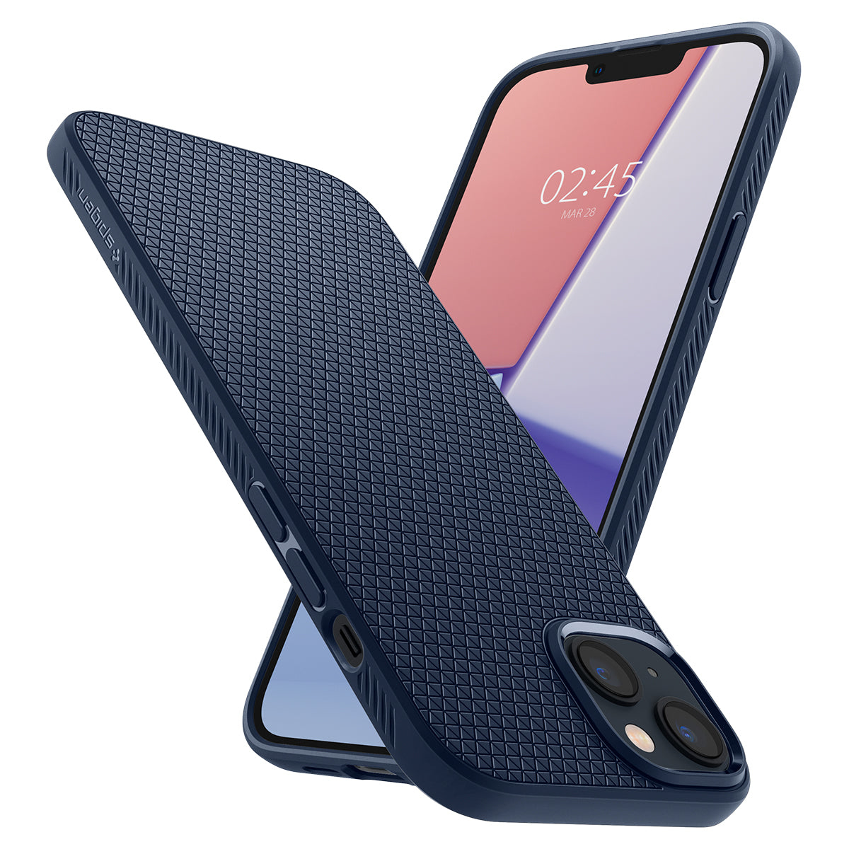 Due telefoni con custodie blu, uno angolato, mostra lo schermo, l'altro la trama.