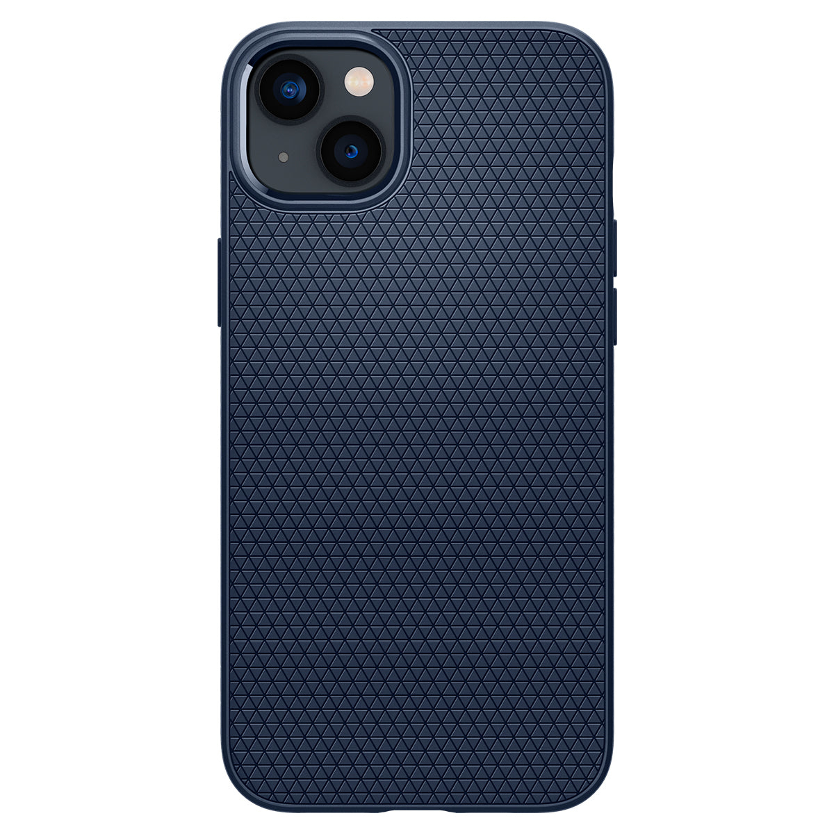 Custodia blu navy per iPhone 13 con superficie testurizzata e ritaglio per fotocamera.
