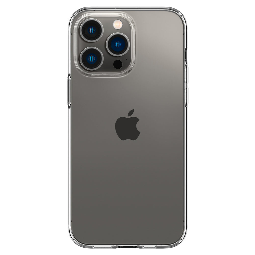 Transparante iPhone hoes op grijze telefoon, camera lenzen en Apple logo.