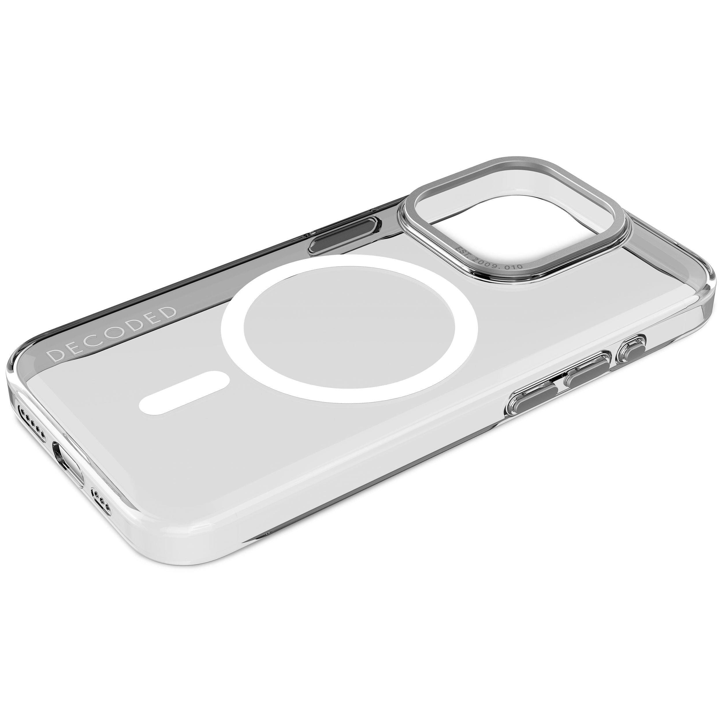 Una custodia trasparente per telefono con un cerchio magnetico, con il nome del marchio sulla custodia.