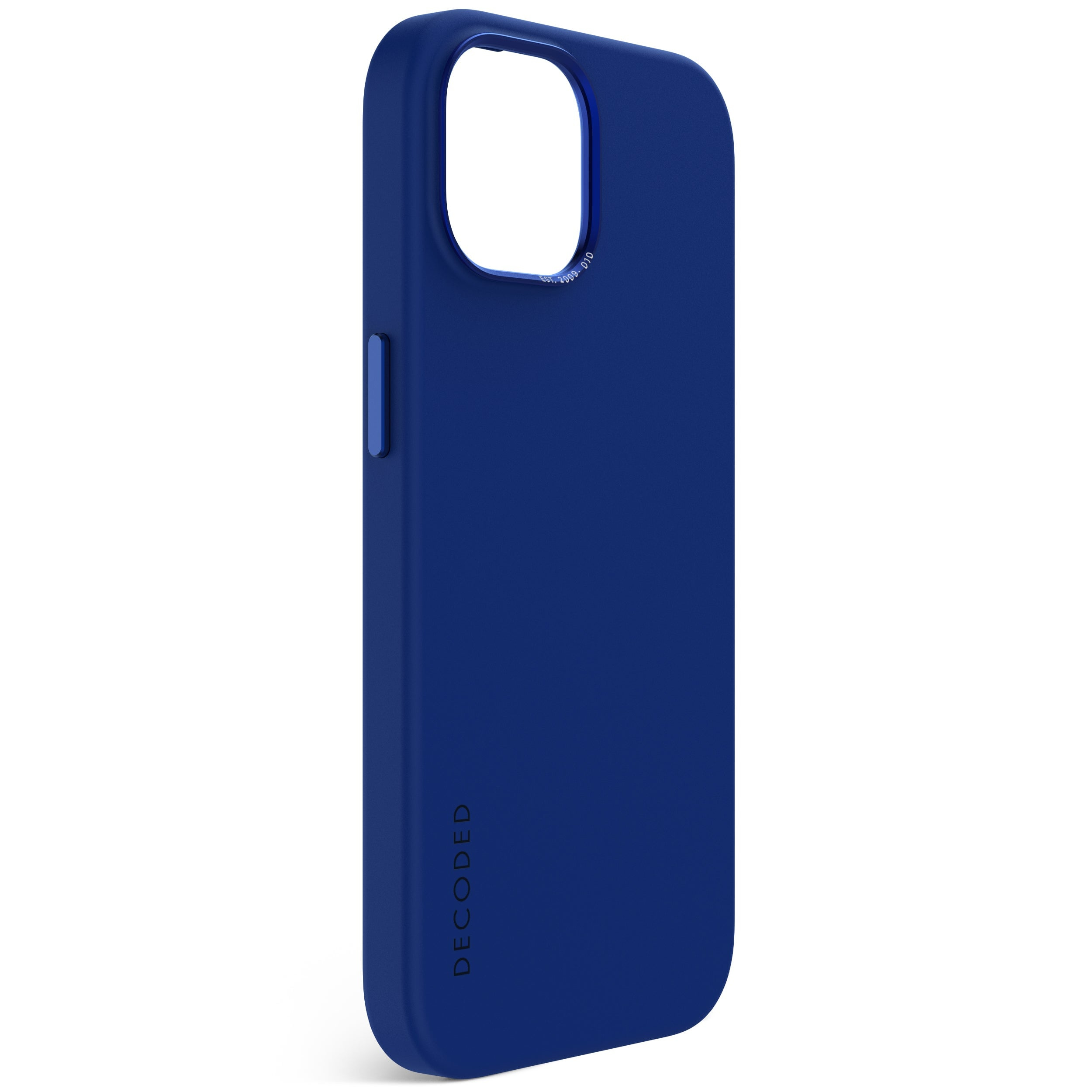 Custodia blu per telefono con foro per fotocamera e scritta 'DECODED' in basso.