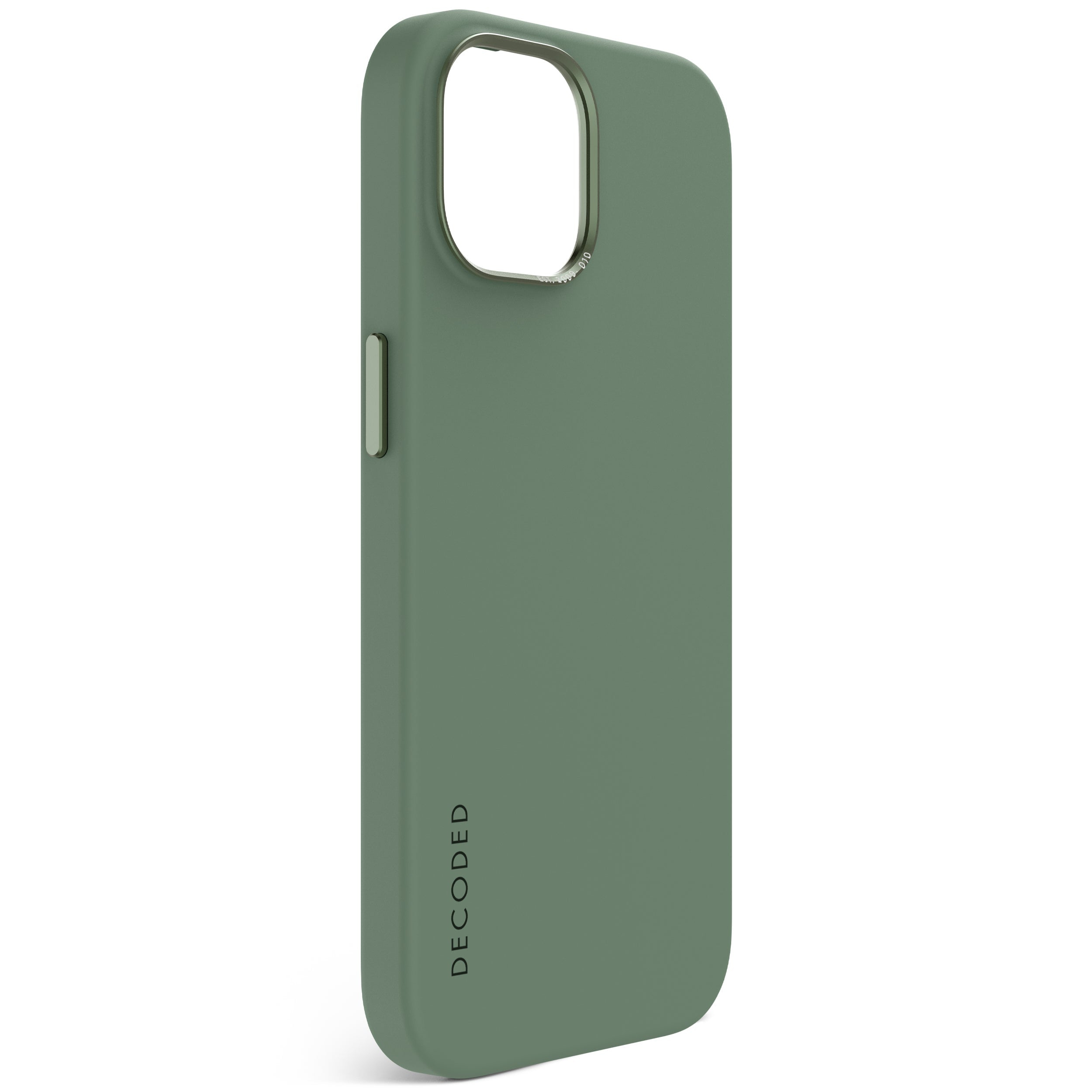 Una custodia per telefono verde oliva con un ritaglio per la fotocamera.