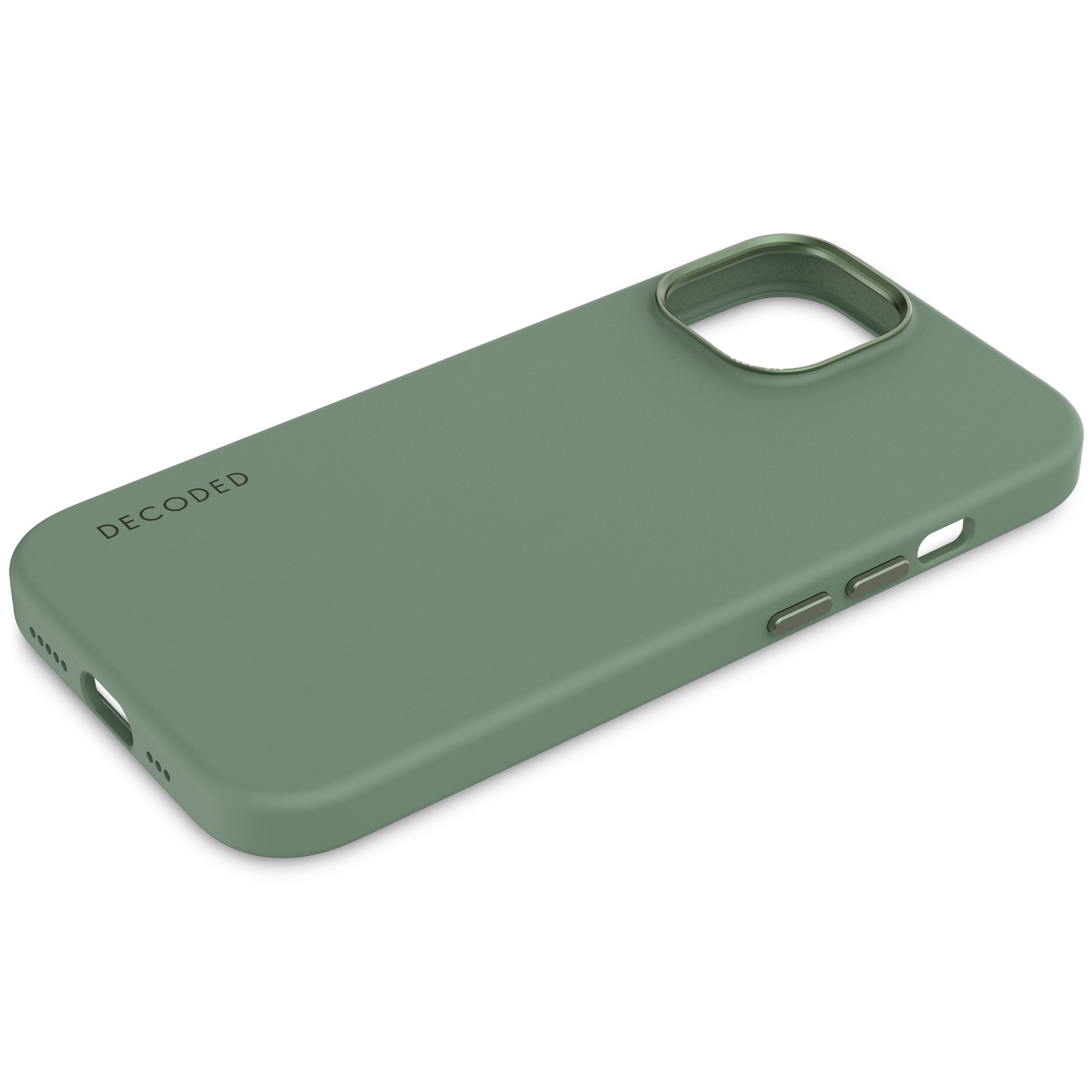 Custodia verde per telefono. La custodia è di lato, mostra fotocamera e pulsanti laterali. Marchio.