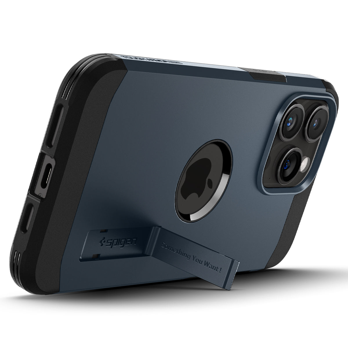 Una custodia per telefono blu e nera con un supporto che dice "Something You Want!".