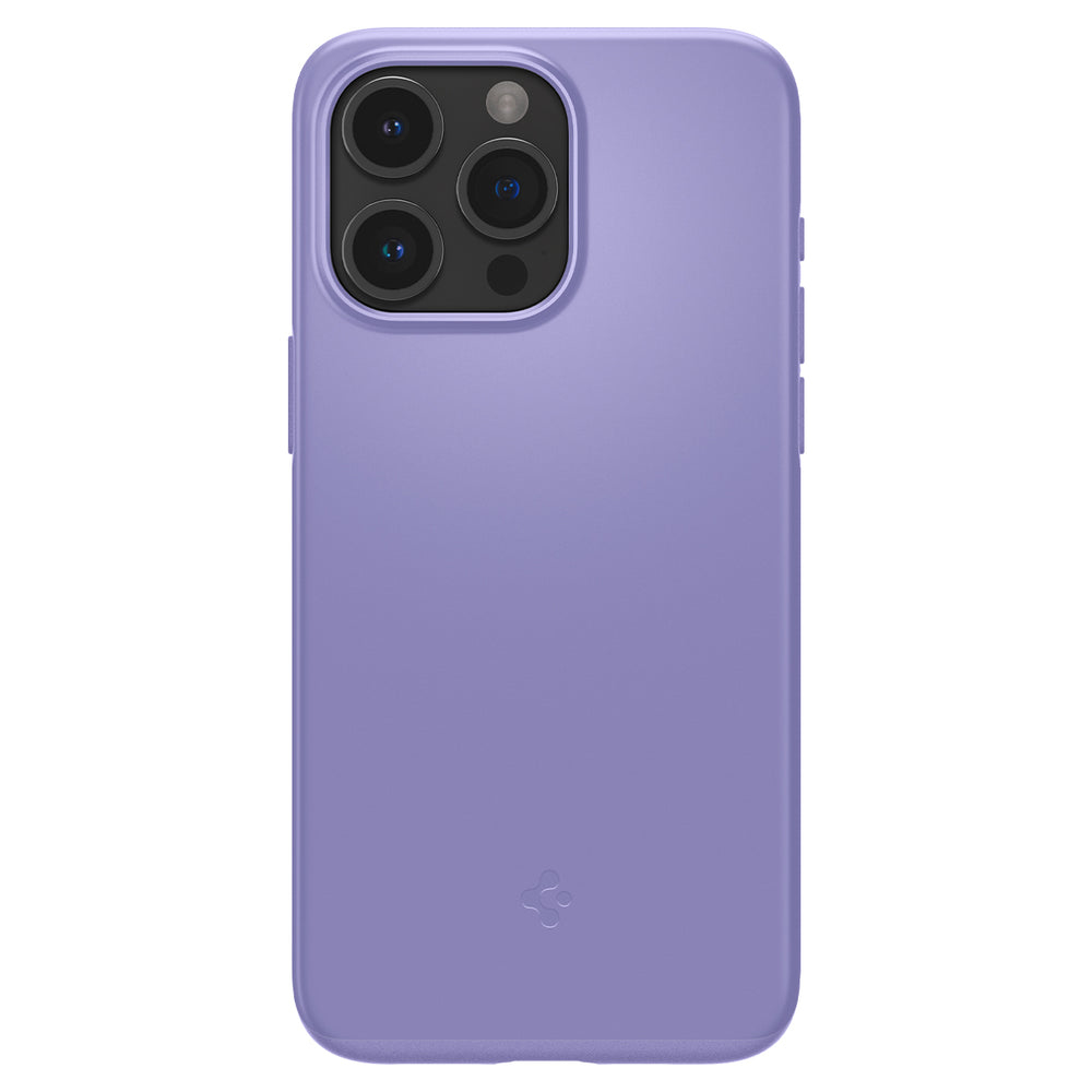 Custodia viola con lenti della fotocamera e logo in basso.