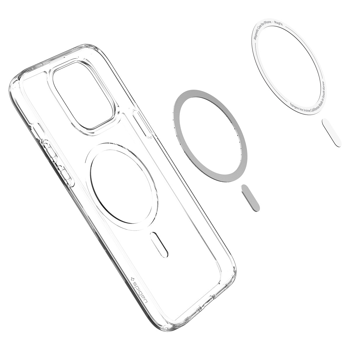 Transparante telefoonhoes en magnetische ring voor iPhone. Onderdelen zijn gescheiden. Witte achtergrond.