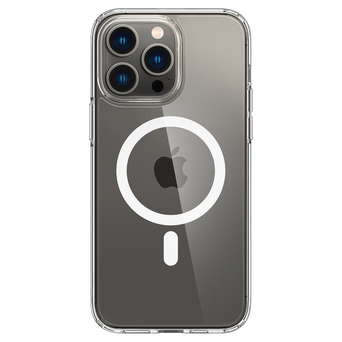 Een doorzichtige iPhone-hoes met cameralenzen en het Apple-logo.