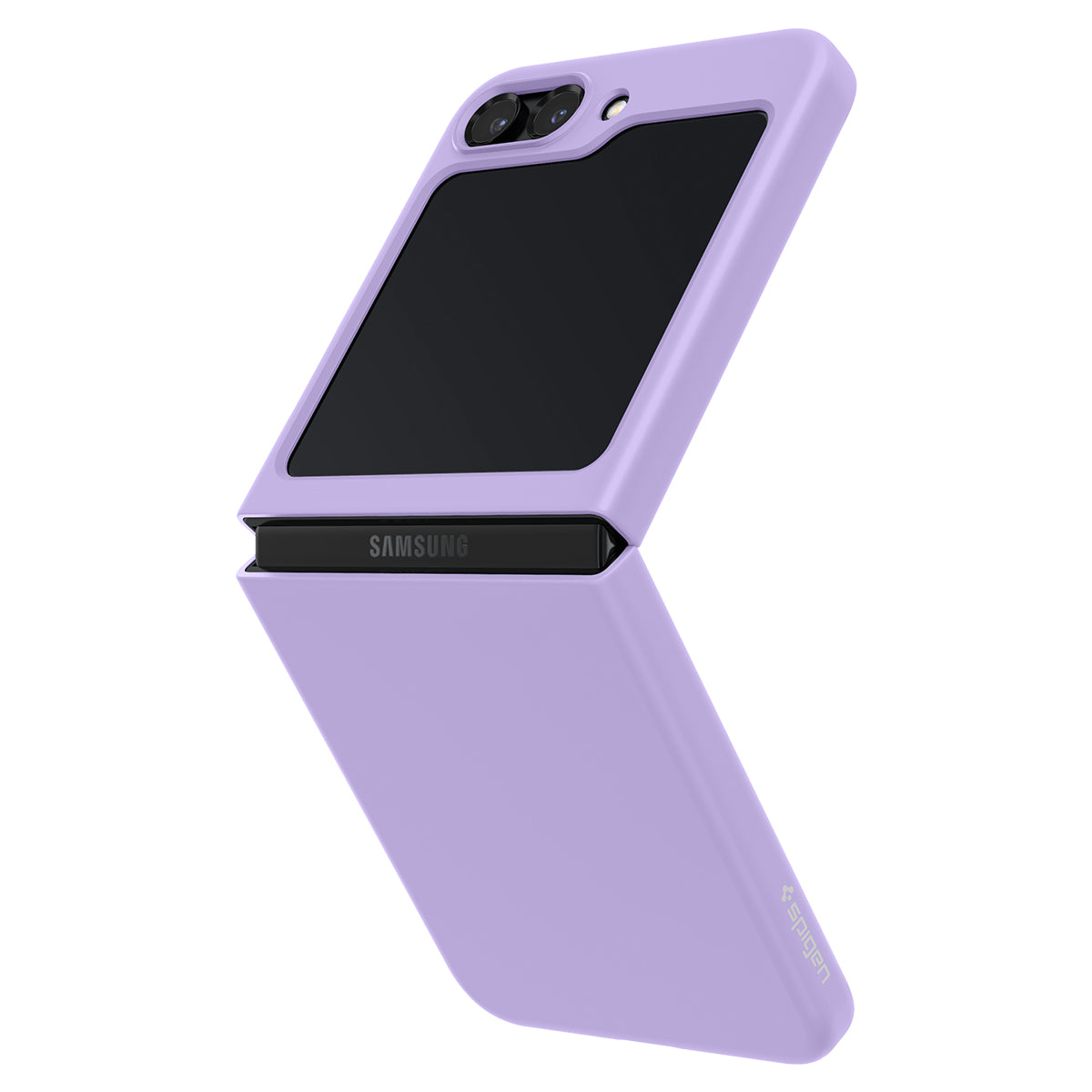 Un telefono pieghevole viola in una custodia è leggermente aperto, mostrando uno schermo nero e il logo Samsung.