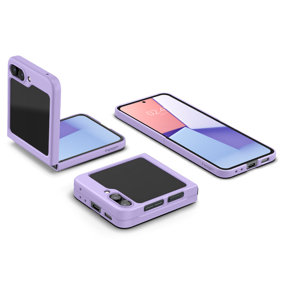 Tre telefoni pieghevoli viola in custodie vengono visualizzati aperti e chiusi, mostrando schermi e il logo Spigen.