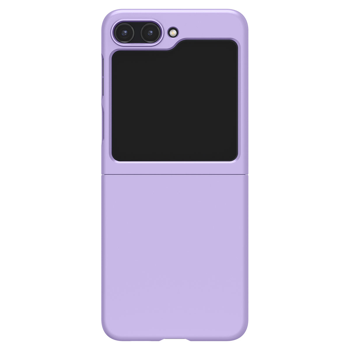 Un telefono pieghevole viola in una custodia è chiuso, mostrando lo schermo e il modulo fotocamera.
