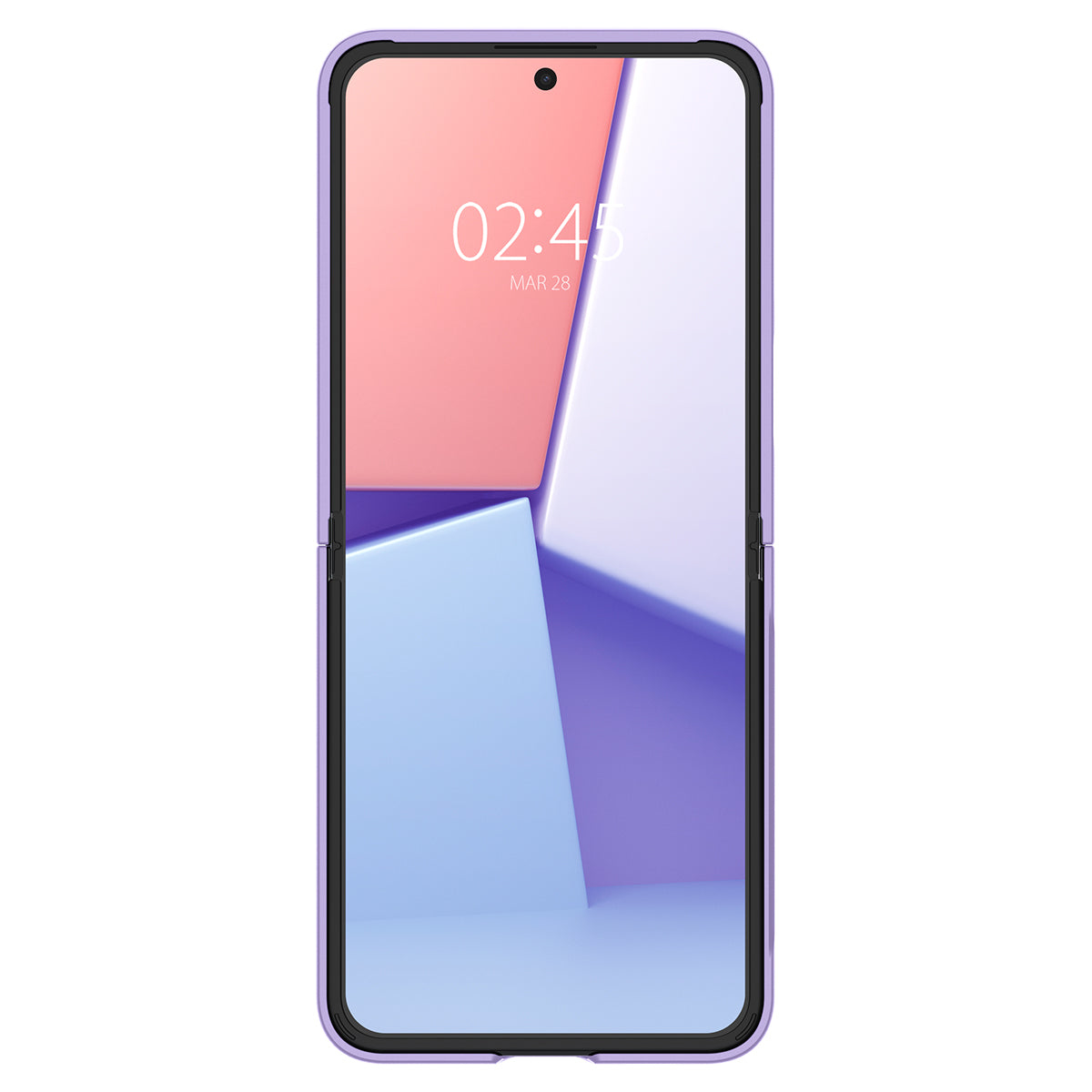 Un telefono pieghevole viola in una custodia è aperto, mostrando l'ora e la data sullo schermo.