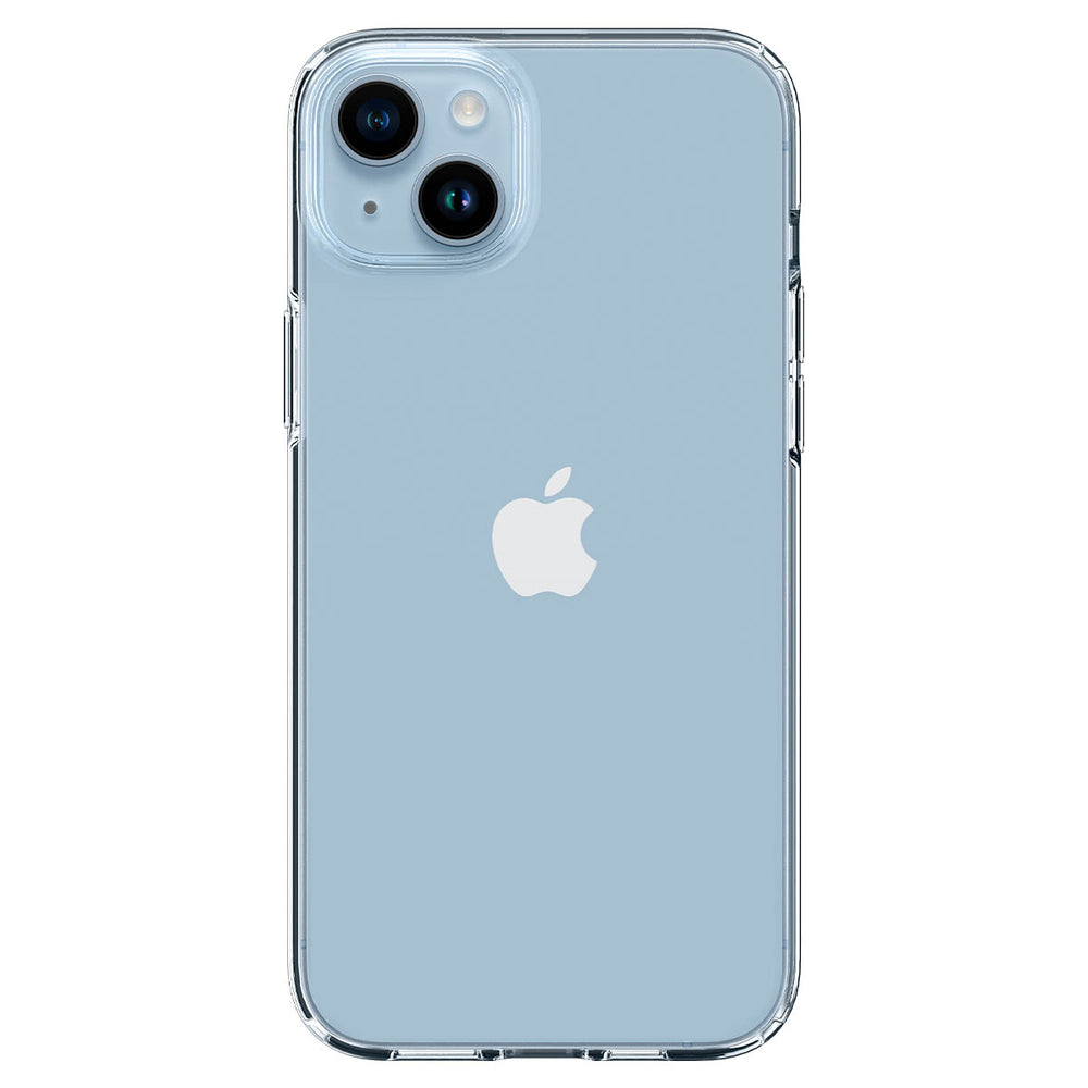 iPhone 14 blu con custodia trasparente. Il telefono ha due fotocamere e un logo Apple bianco.