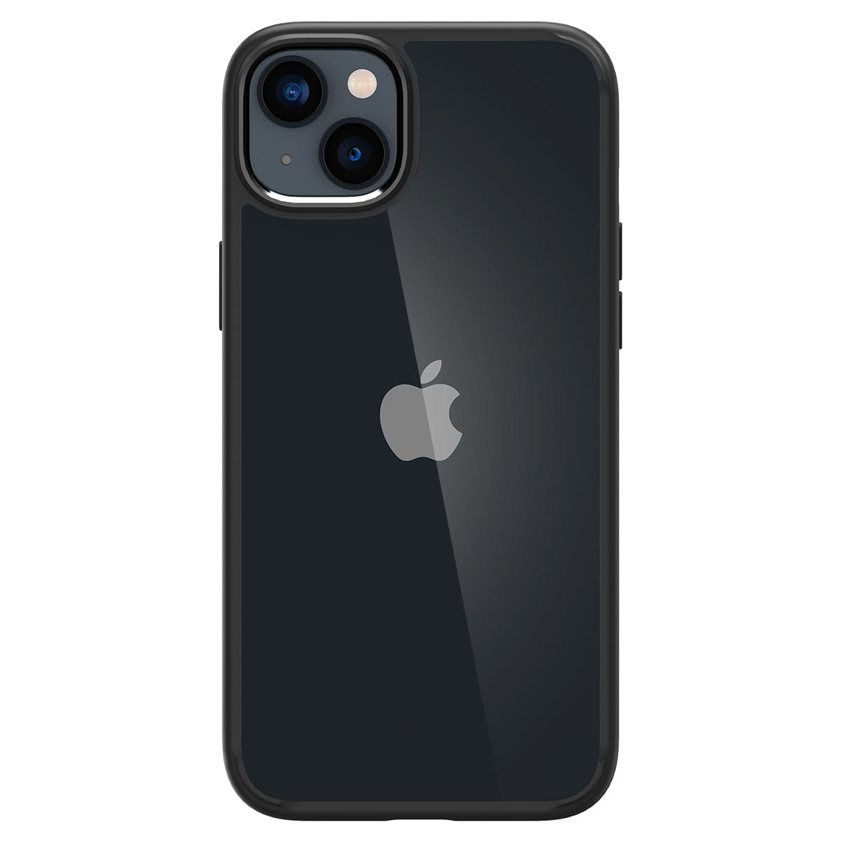 Un iPhone nero con una cover posteriore trasparente, che mostra il logo Apple.
