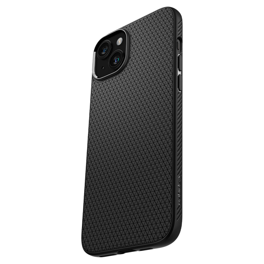 Black phone case, textured pattern, camera bump.