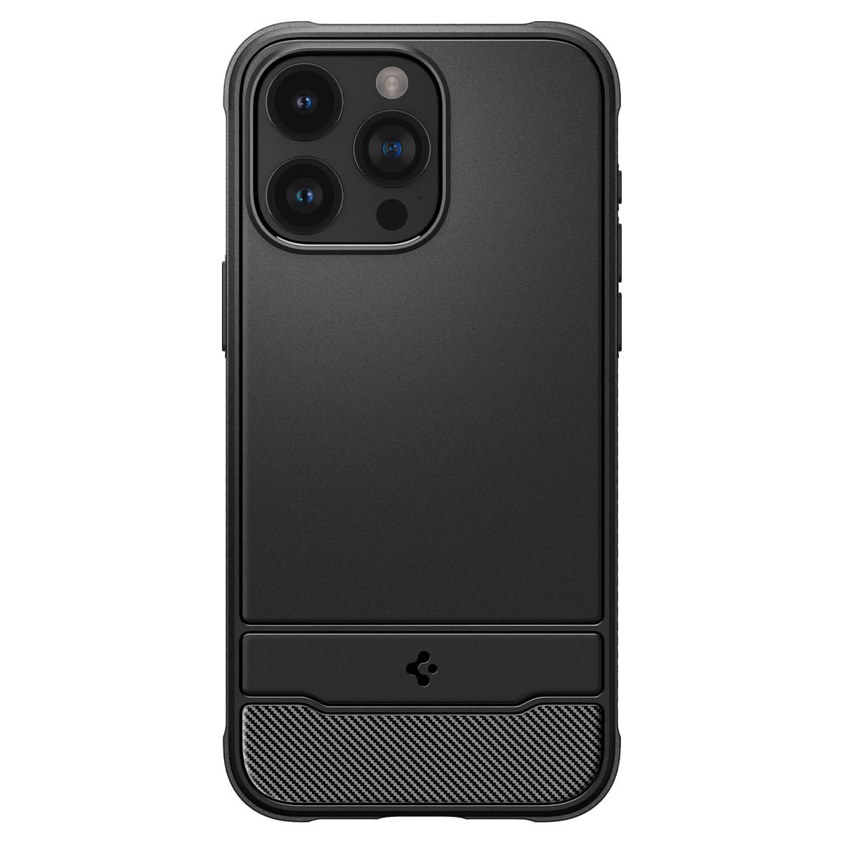 Custodia nera con design in fibra di carbonio, slot per schede e tre fotocamere.