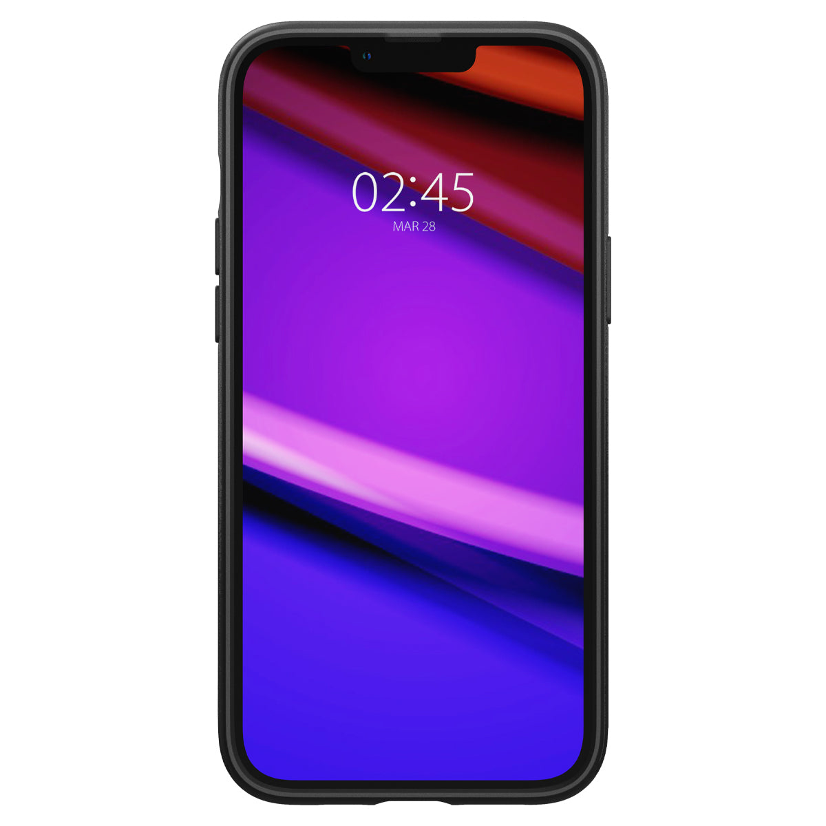 Telefon in schwarzer Hülle, zeigt eine abstrakte Mischung aus Rot, Lila und Blau.