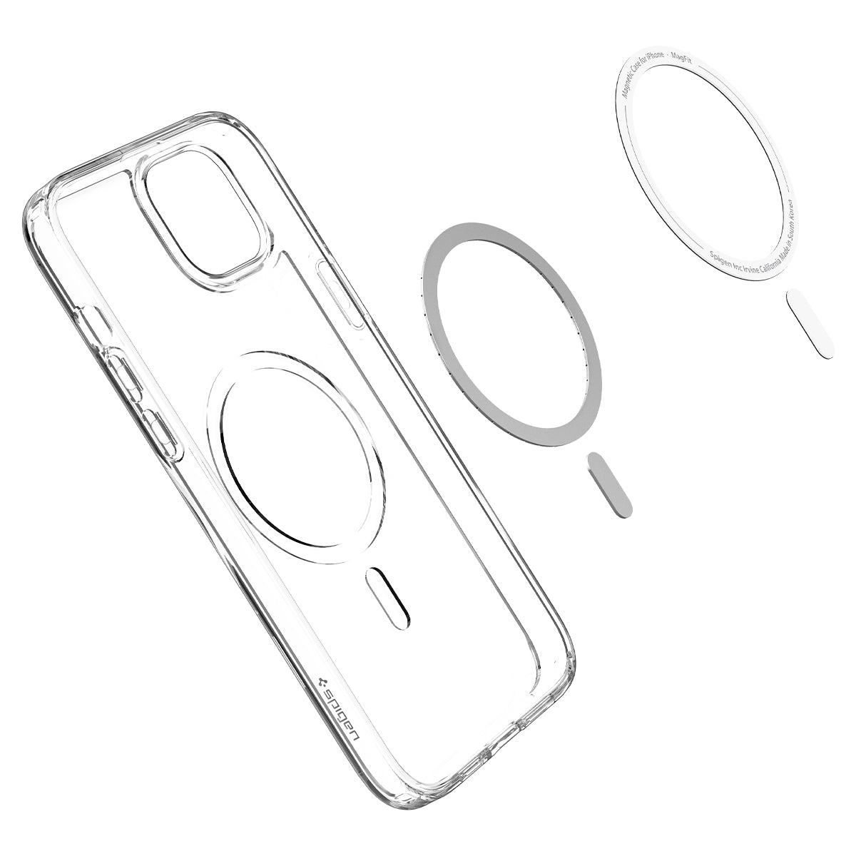 Transparante telefoonhoes met een magnetische ring en een extra ring. Alle items zijn transparant.