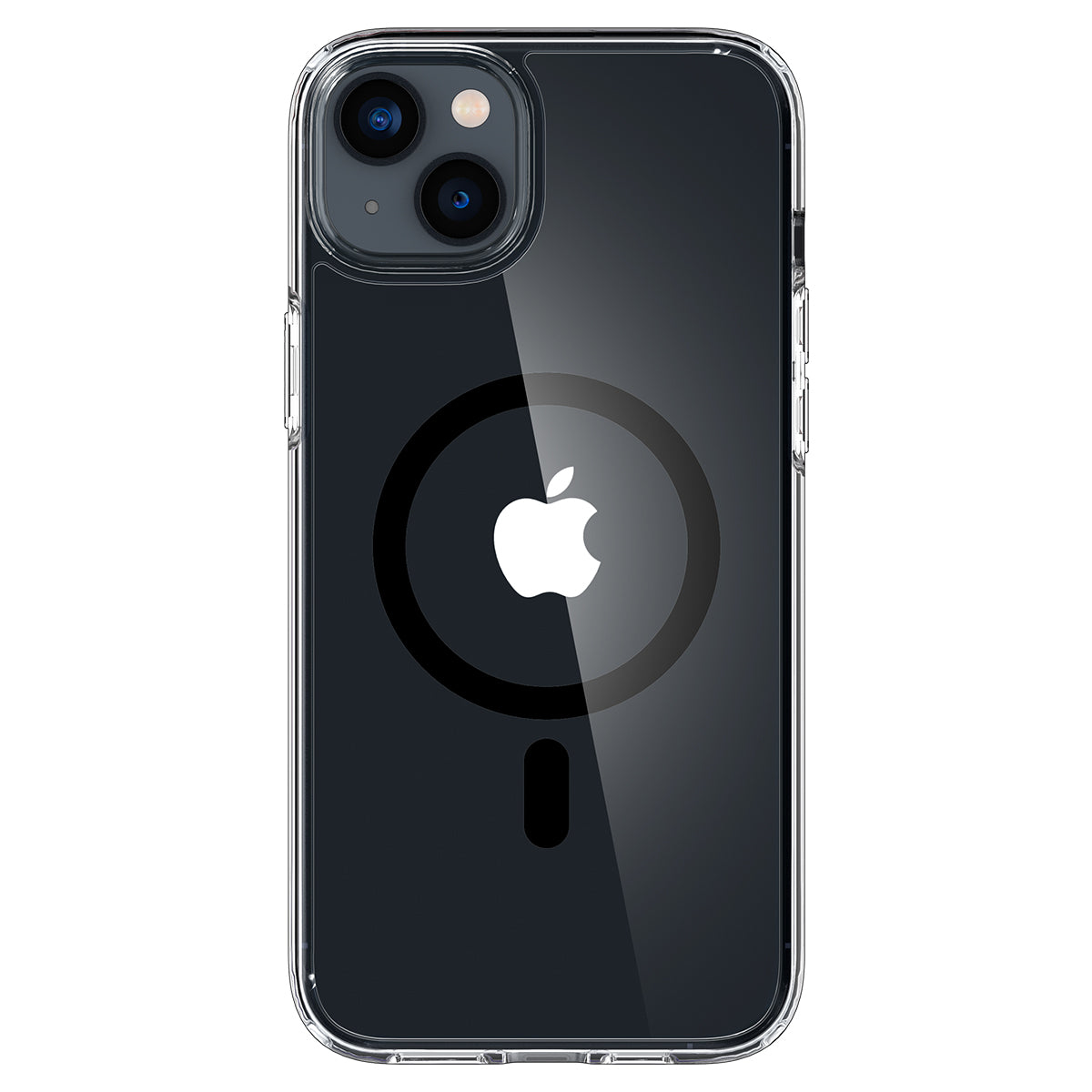 Telefono nero con custodia trasparente. Logo Apple visibile, calamita circolare.
