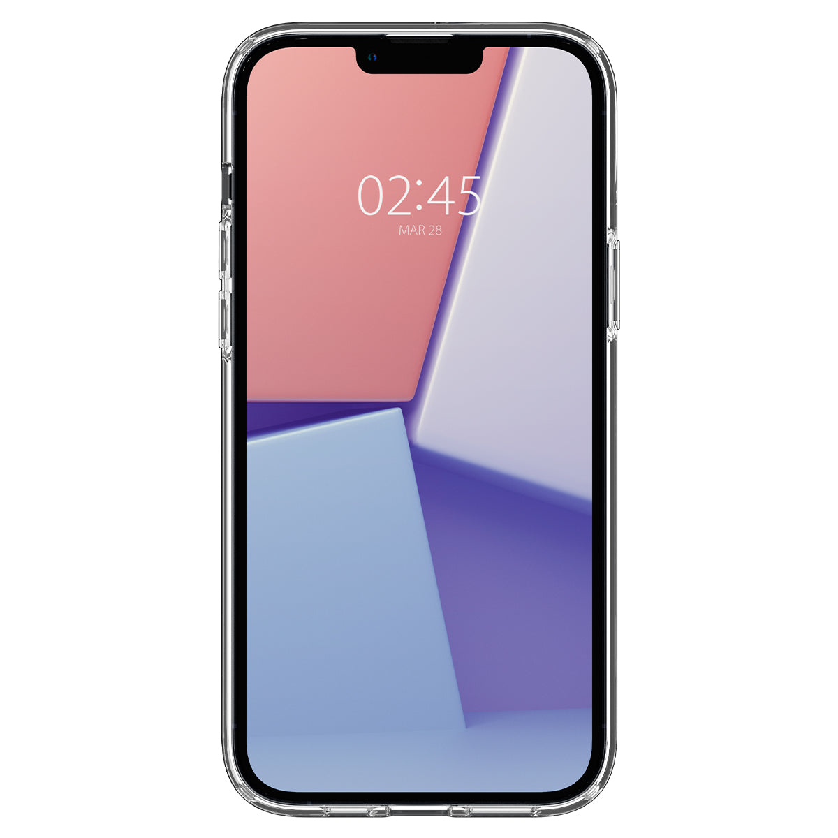 Telefoon met transparante hoes. Scherm toont abstract design en tijd.