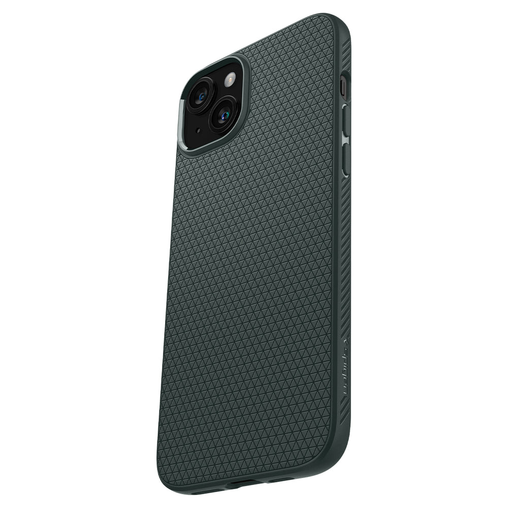 Dark green phone case. The case has a textured pattern and dual camera system.