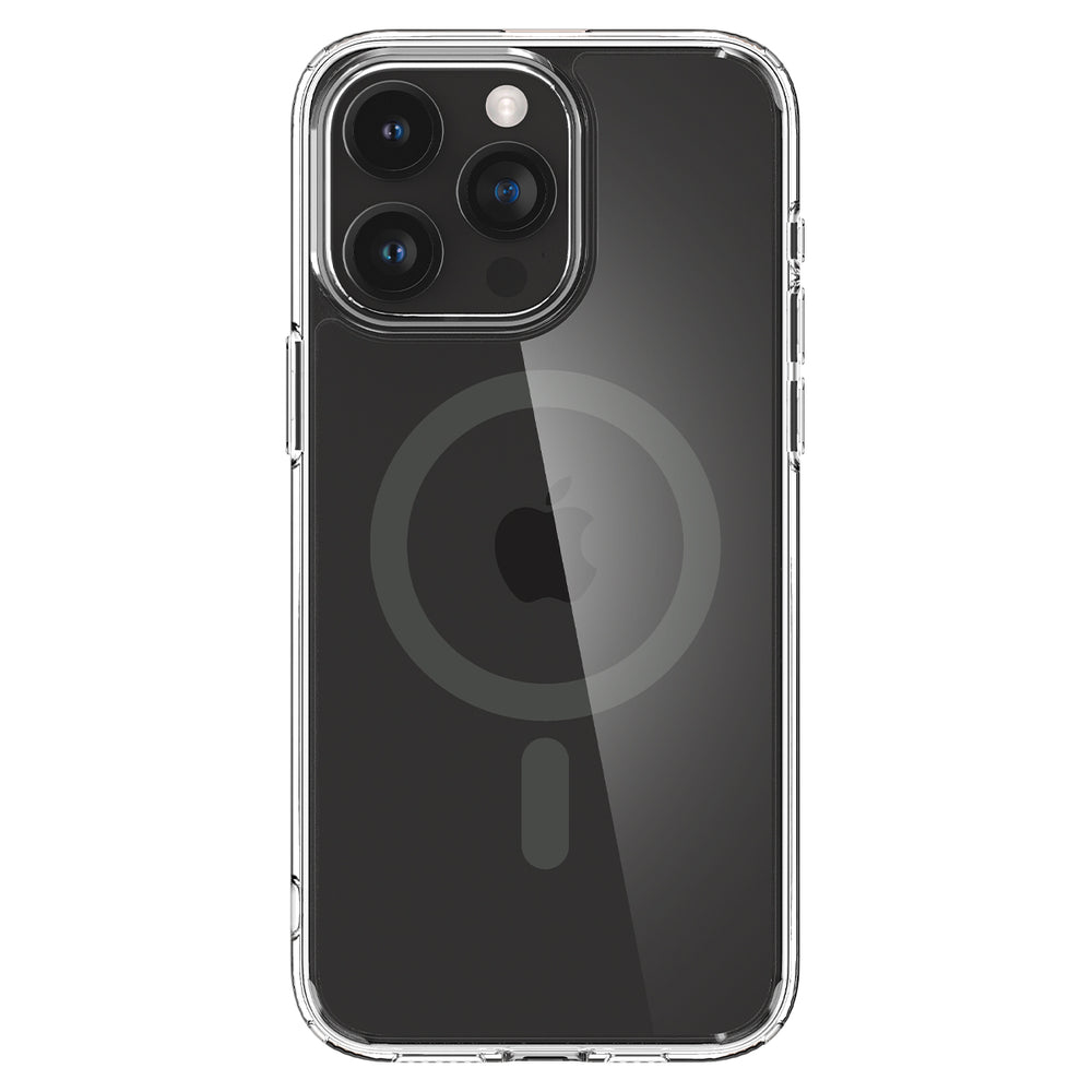 De achterkant van een telefoon met een doorzichtig hoesje. Een cirkel met een Apple-logo is zichtbaar. De case heeft een magneet.
