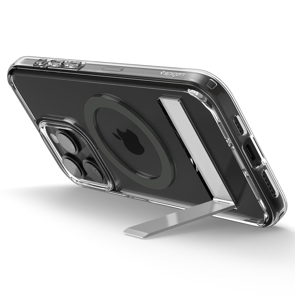 Transparante telefoonhoes met een standaard. De telefoon ligt op een oppervlak.