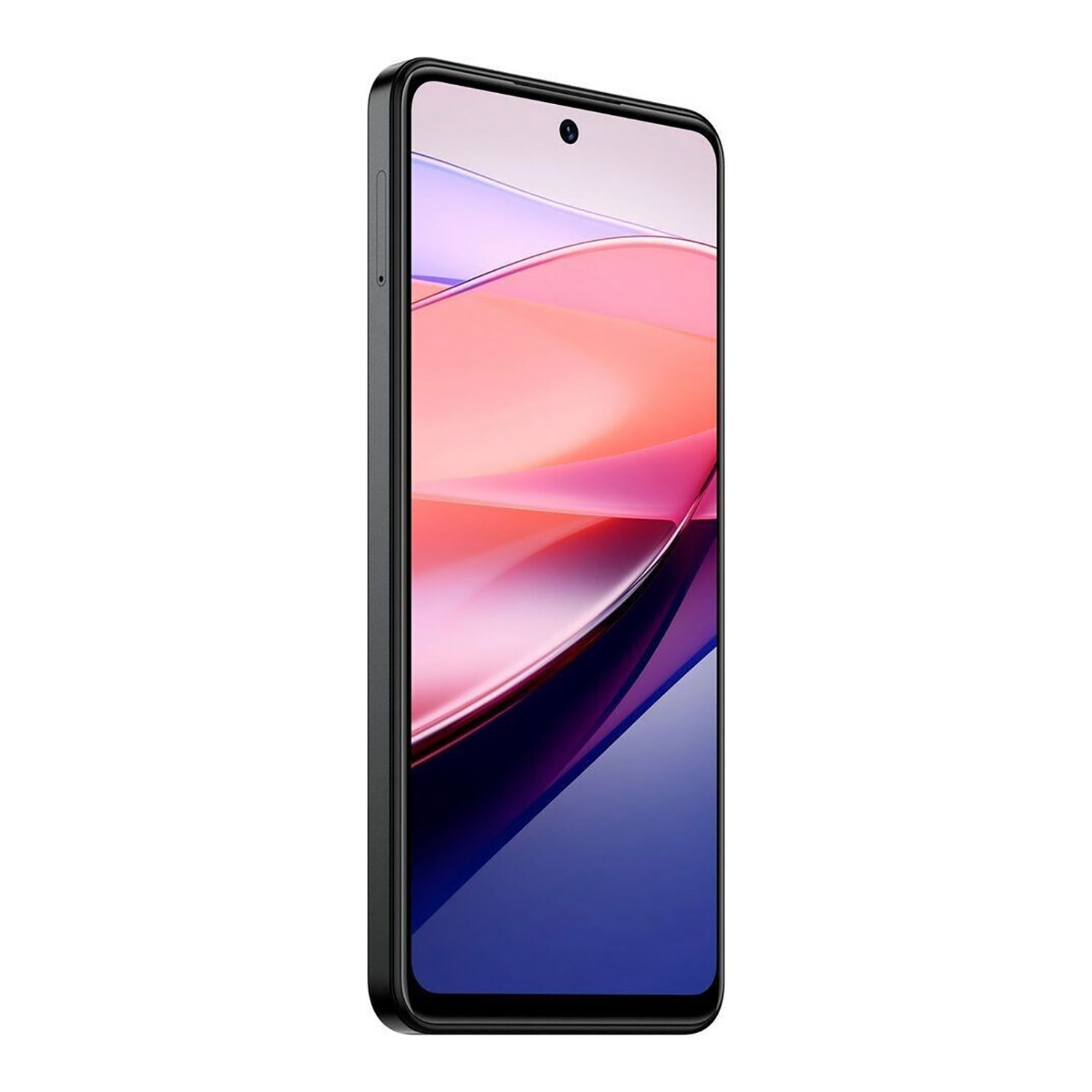 Ein schwarzes Telefon mit einem farbenfrohen Display, das rosa, blaue und weiße Farbverläufe zeigt, aus einem Winkel gesehen.