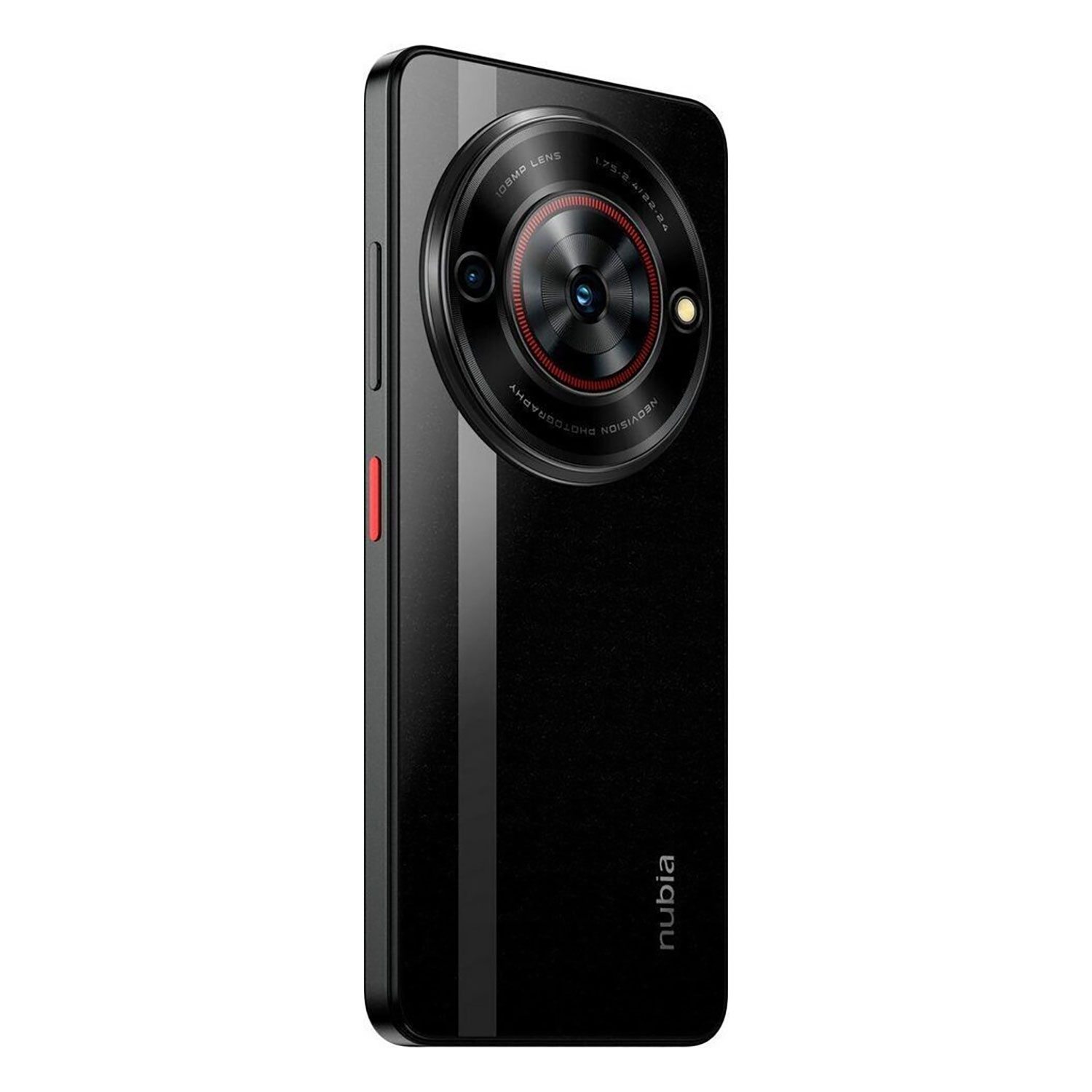 Schwarzes Smartphone mit großem Kameraobjektiv, rotem Akzent und dem Wort 'nubia'.