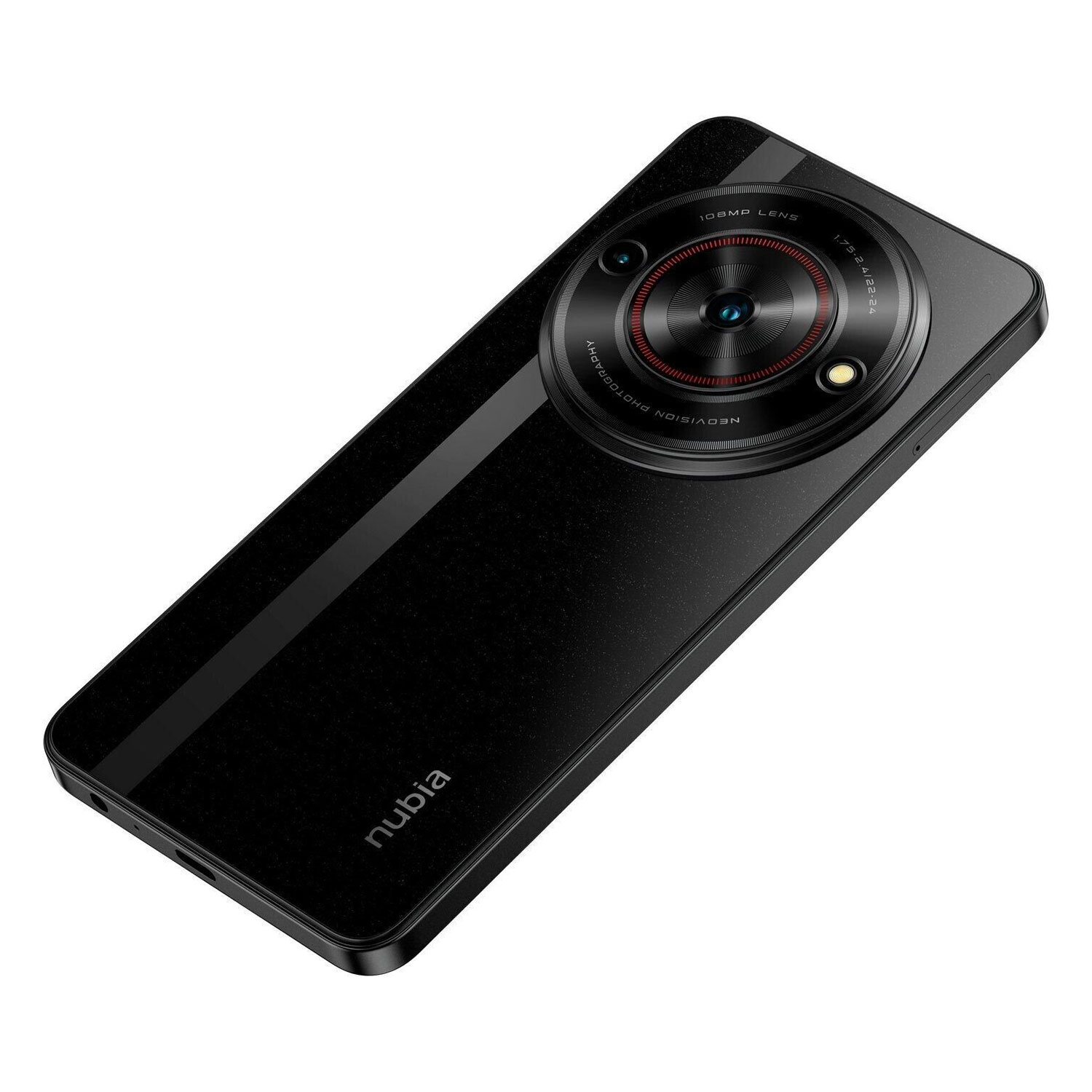 Ein schwarzes Smartphone mit einem Kameramodul auf der Rückseite.