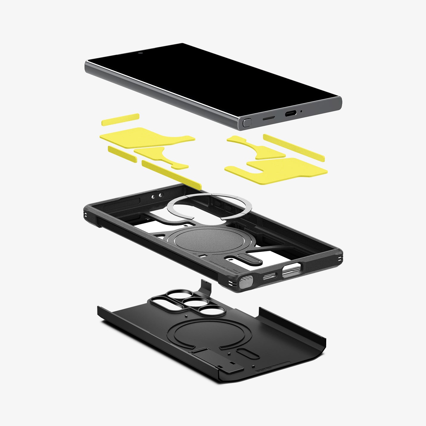 Vista esplosa di un telefono e dei componenti della custodia.