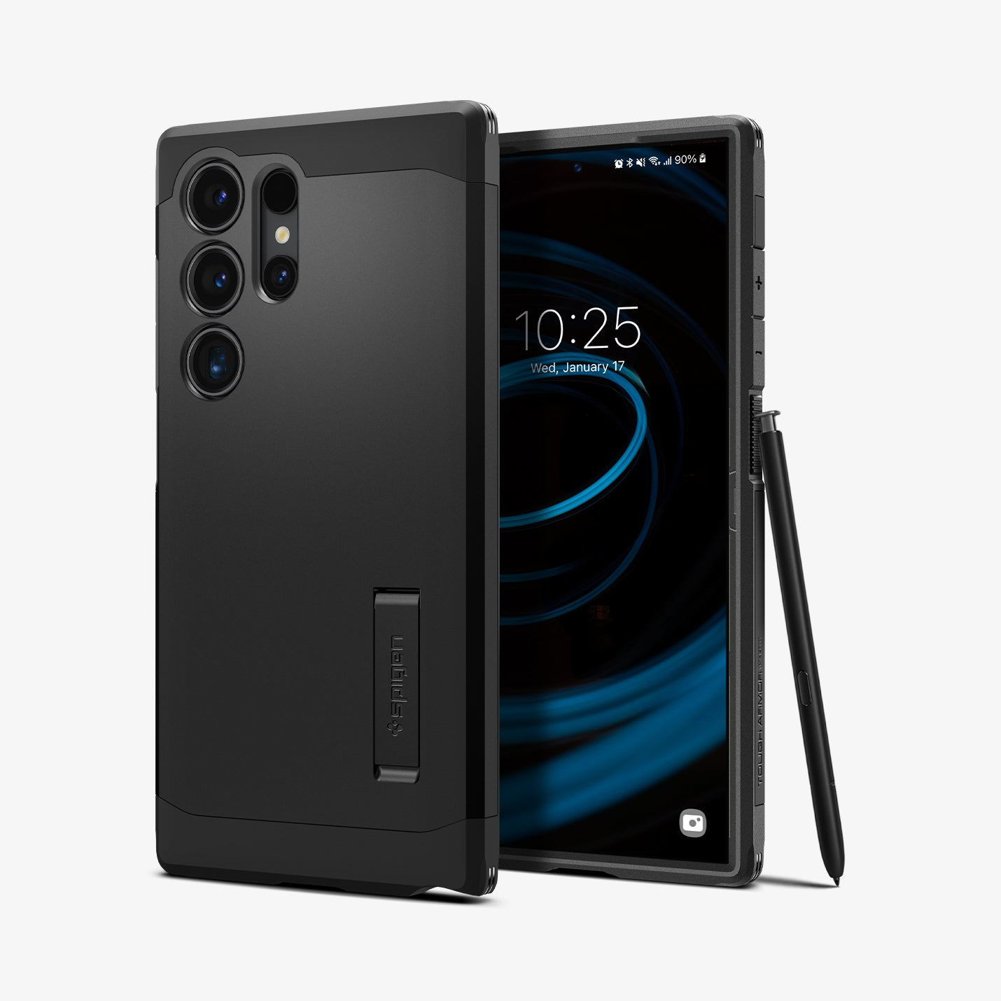 Telefono nero con custodia. Schermo acceso, stilo vicino. La custodia ha un supporto.