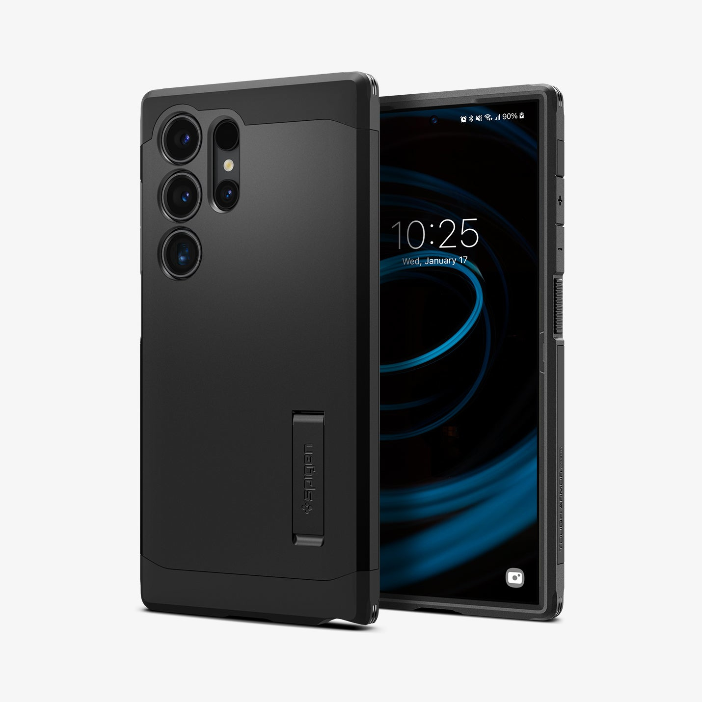 Custodia e telefono neri su bianco. La custodia ha fori per la fotocamera. Il telefono mostra l'ora e la data.