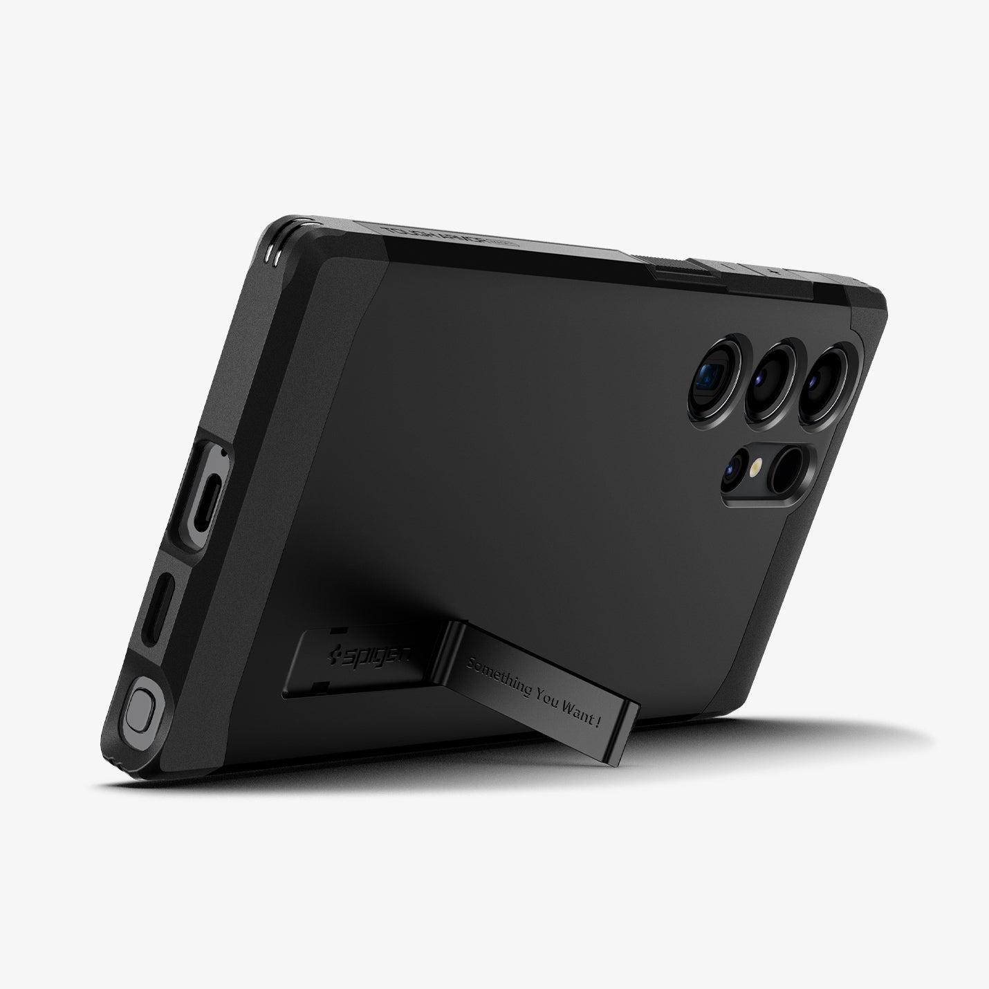 Custodia nera per telefono. Telefono angolato. Con supporto e fotocamera.