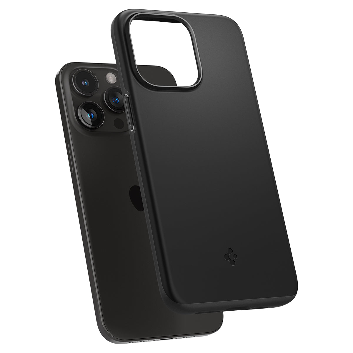 Zwarte telefoon en hoesje; de telefoon zit erin. De hoes is licht gekanteld.