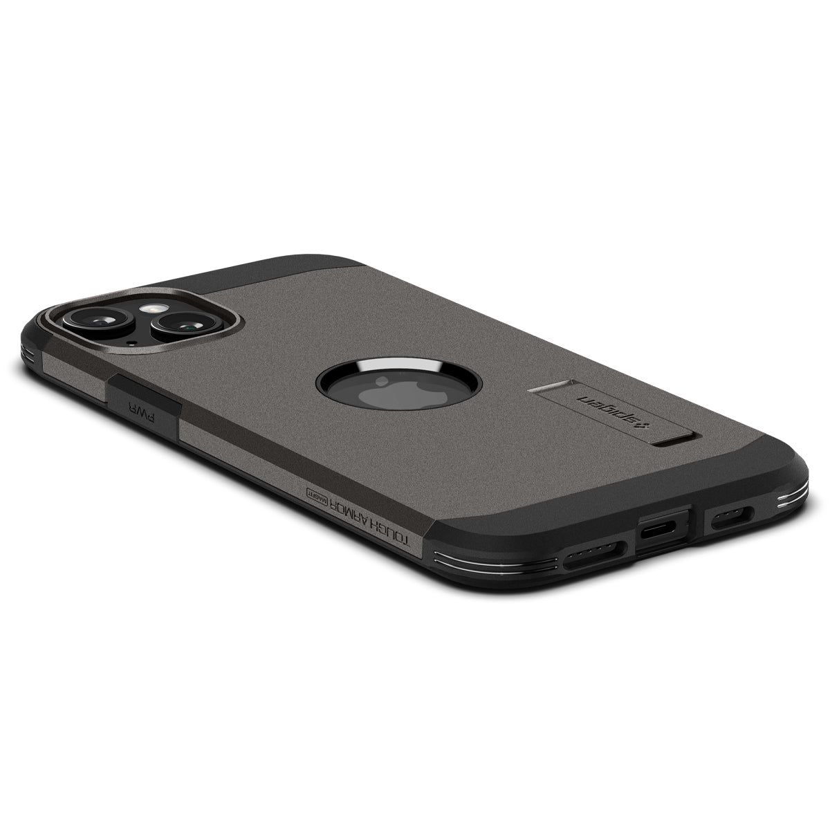 Phone case with phone. The phone case is gray and black. The phone is in the center.