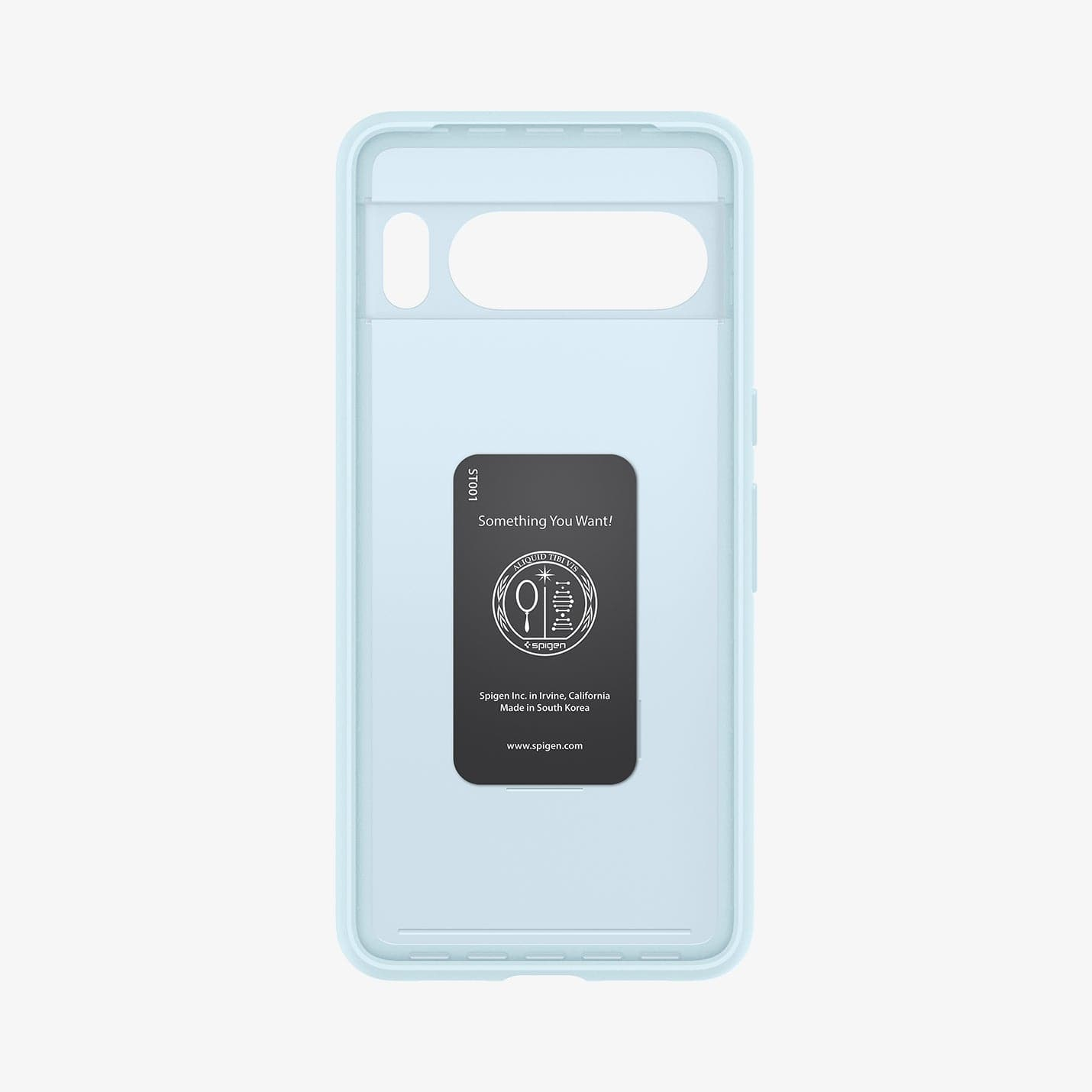 De achterkant van een telefoon met een hoesje. Tekst: Something You Want! De case heeft Spigen logo en contact info.