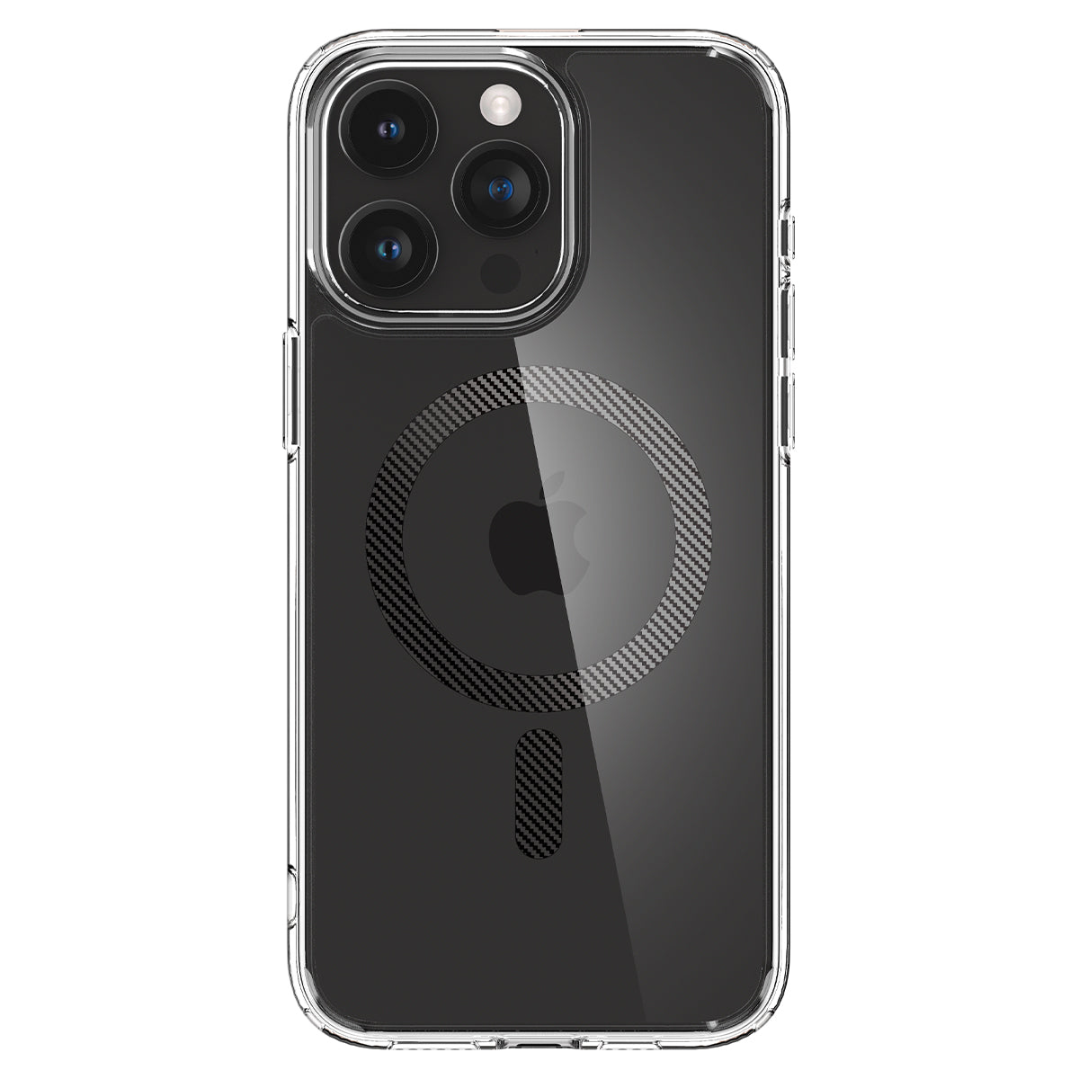 Custodia trasparente con design in fibra di carbonio attorno al logo Apple.